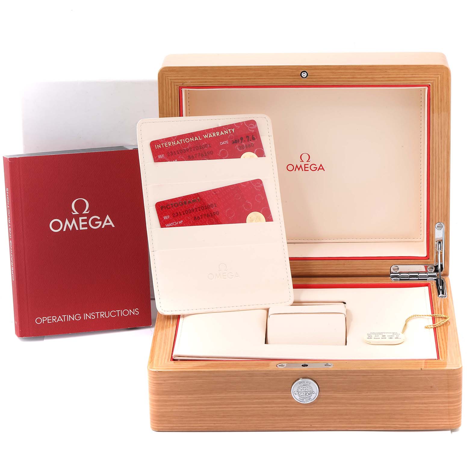 The image shows an open wooden Omega Aqua Terra 231.10.39.22.01.001 Men's Stainless Steel Black Dial 231.10.39.22.01.001 Men's Stainless Steel Black Dial watch box, with warranty cards and an operating instructions booklet.
