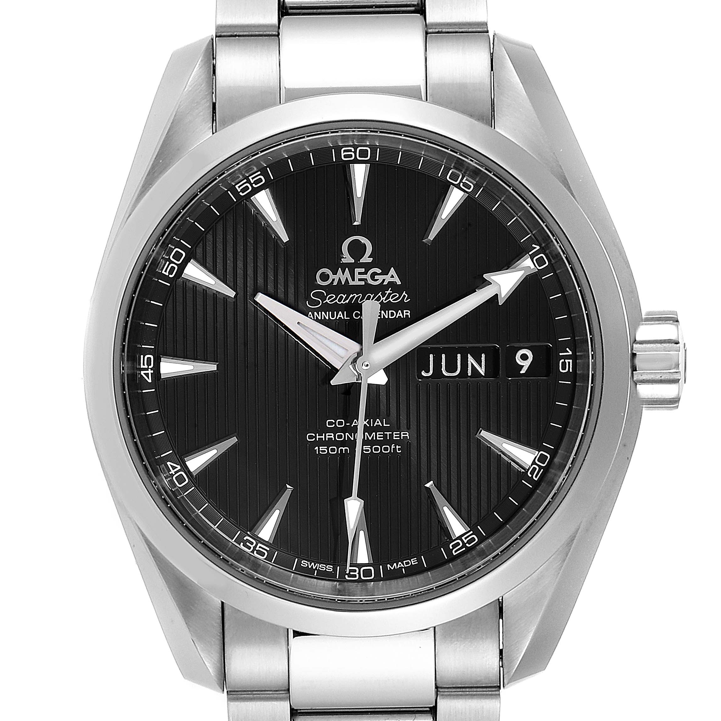 The Omega Aqua Terra 231.10.39.22.01.001 Men's Stainless Steel Black Dial 231.10.39.22.01.001 Men's Stainless Steel Black Dial model is shown from a front angle, displaying the face, dial, hands, and stainless steel bracelet.