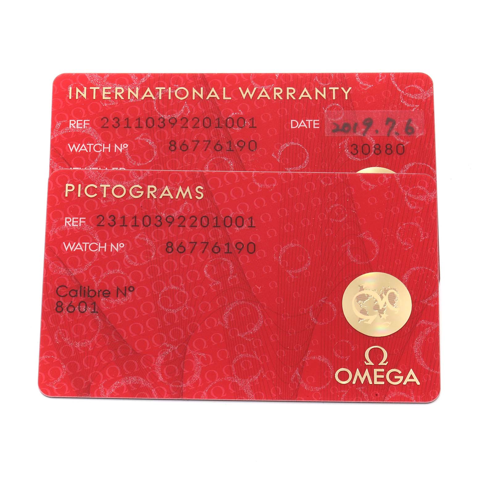 The image shows the international warranty and pictograms cards of the Omega Aqua Terra 231.10.39.22.01.001 Men's Stainless Steel Black Dial 231.10.39.22.01.001 Men's Stainless Steel Black Dial watch model.