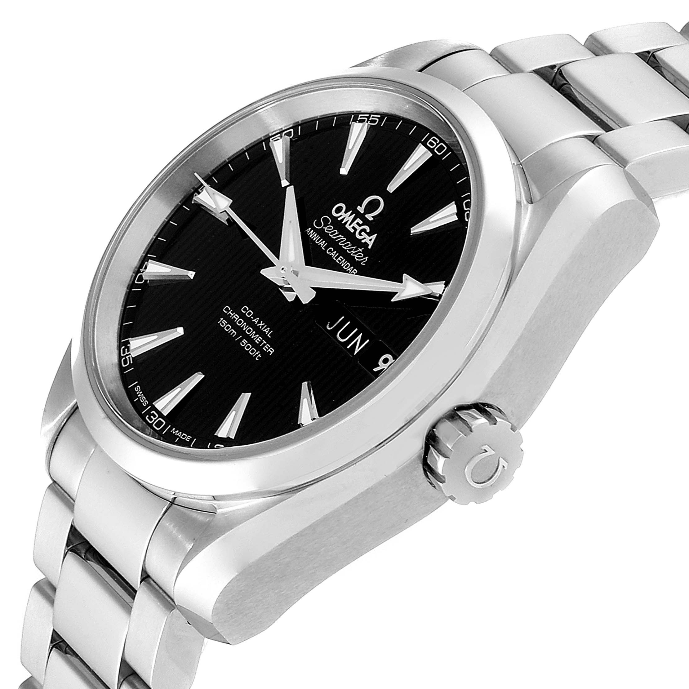 The image shows a side angle of the Omega Aqua Terra 231.10.39.22.01.001 Men's Stainless Steel Black Dial 231.10.39.22.01.001 Men's Stainless Steel Black Dial watch, featuring its dial, crown, and part of the bracelet.