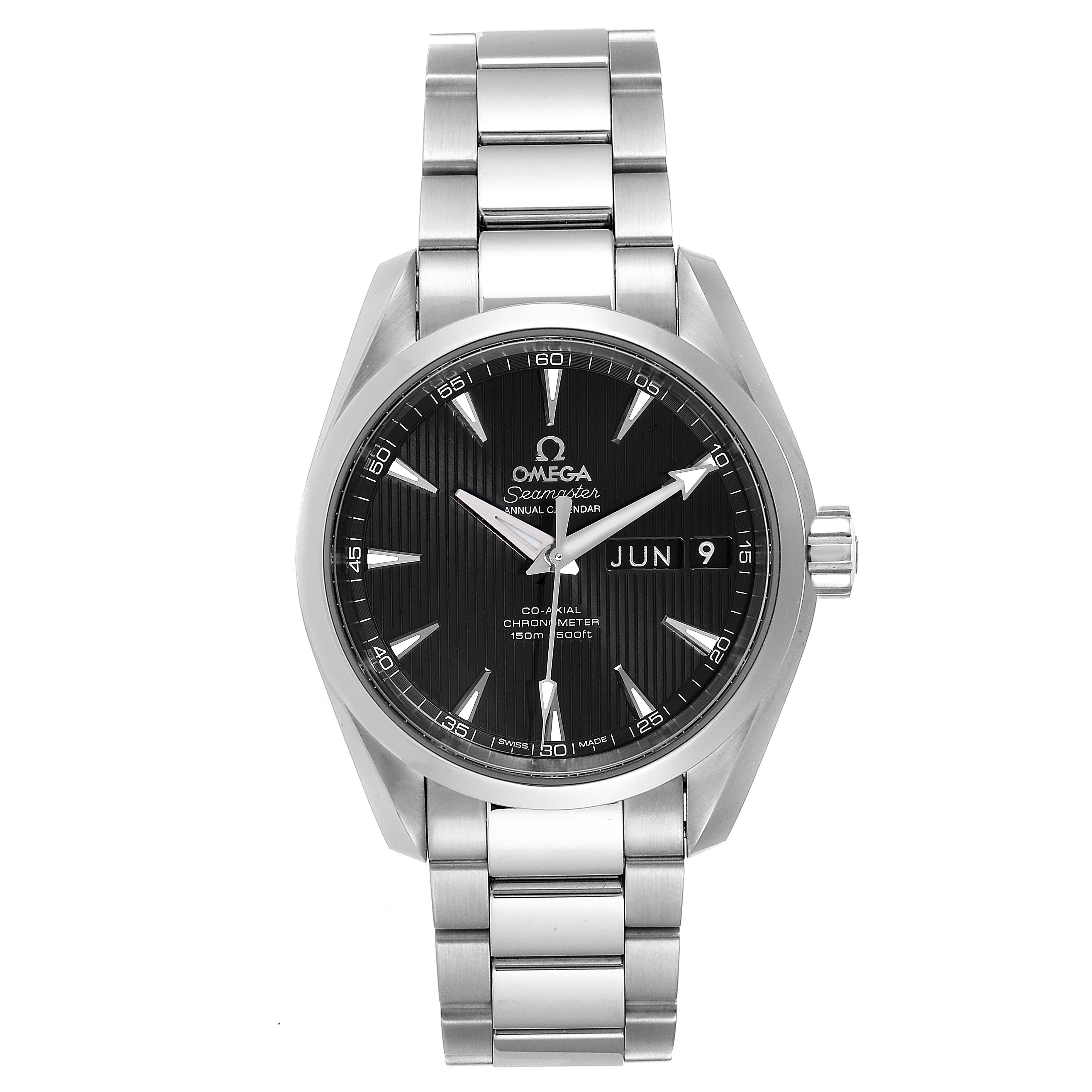 The image shows a front view of the Omega Aqua Terra 231.10.39.22.01.001 Men's Stainless Steel Black Dial 231.10.39.22.01.001 Men's Stainless Steel Black Dial model watch including the dial, bezel, crown, and metal bracelet.