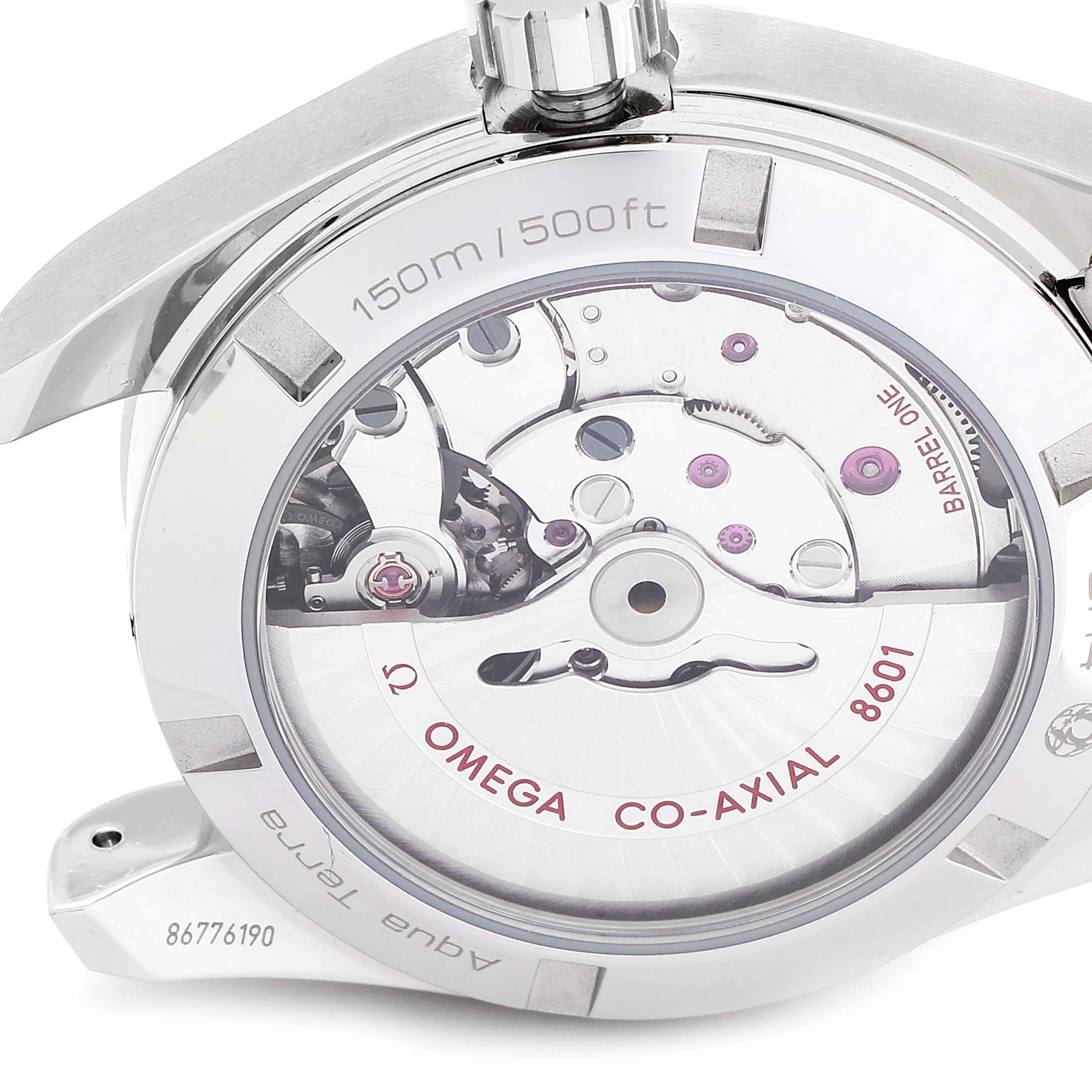 The image shows the back of the Omega Aqua Terra 231.10.39.22.01.001 Men's Stainless Steel Black Dial 231.10.39.22.01.001 Men's Stainless Steel Black Dial watch, revealing its co-axial movement mechanism.