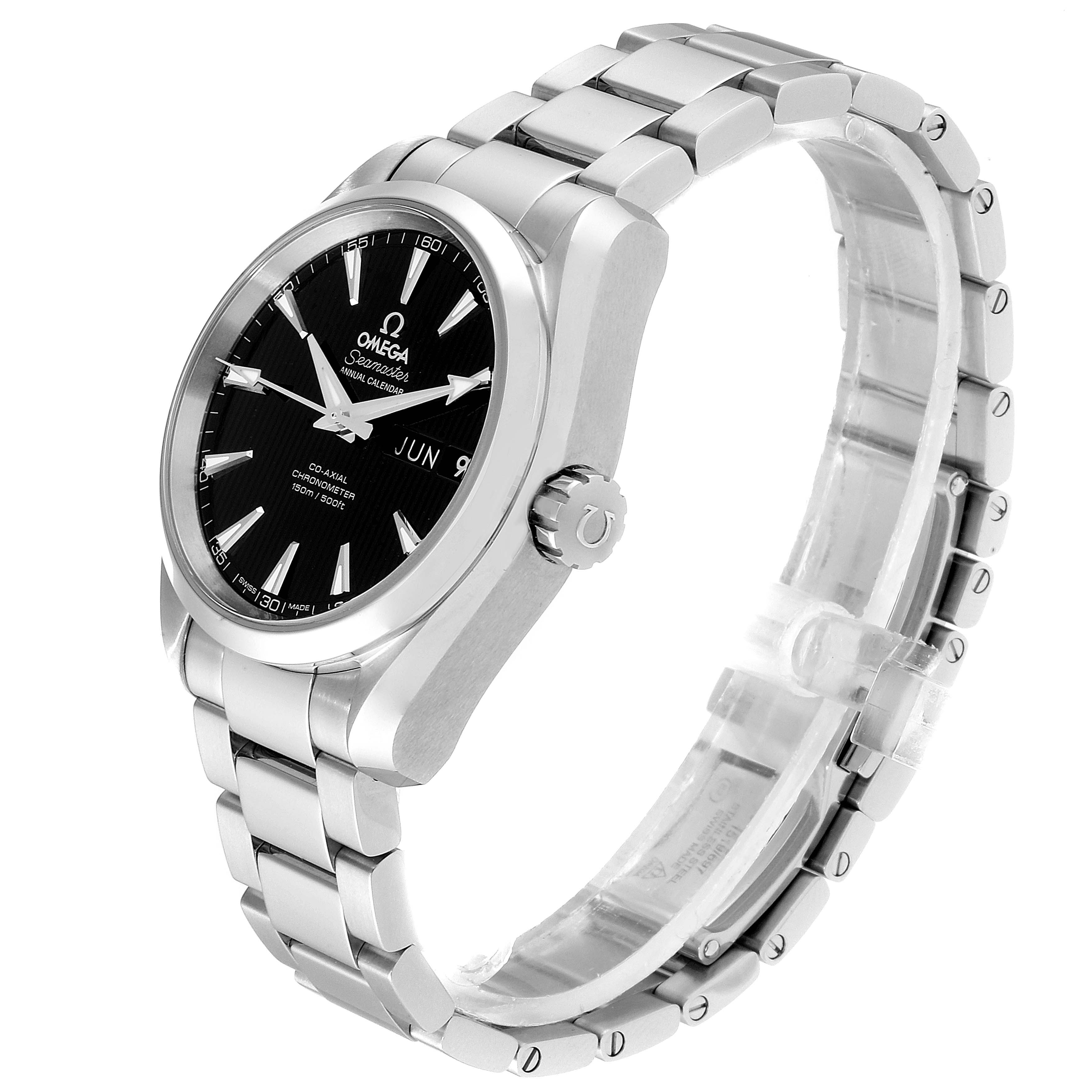 The image shows a side angle of the Omega Aqua Terra 231.10.39.22.01.001 Men's Stainless Steel Black Dial 231.10.39.22.01.001 Men's Stainless Steel Black Dial watch, highlighting its face, crown, and metal bracelet.