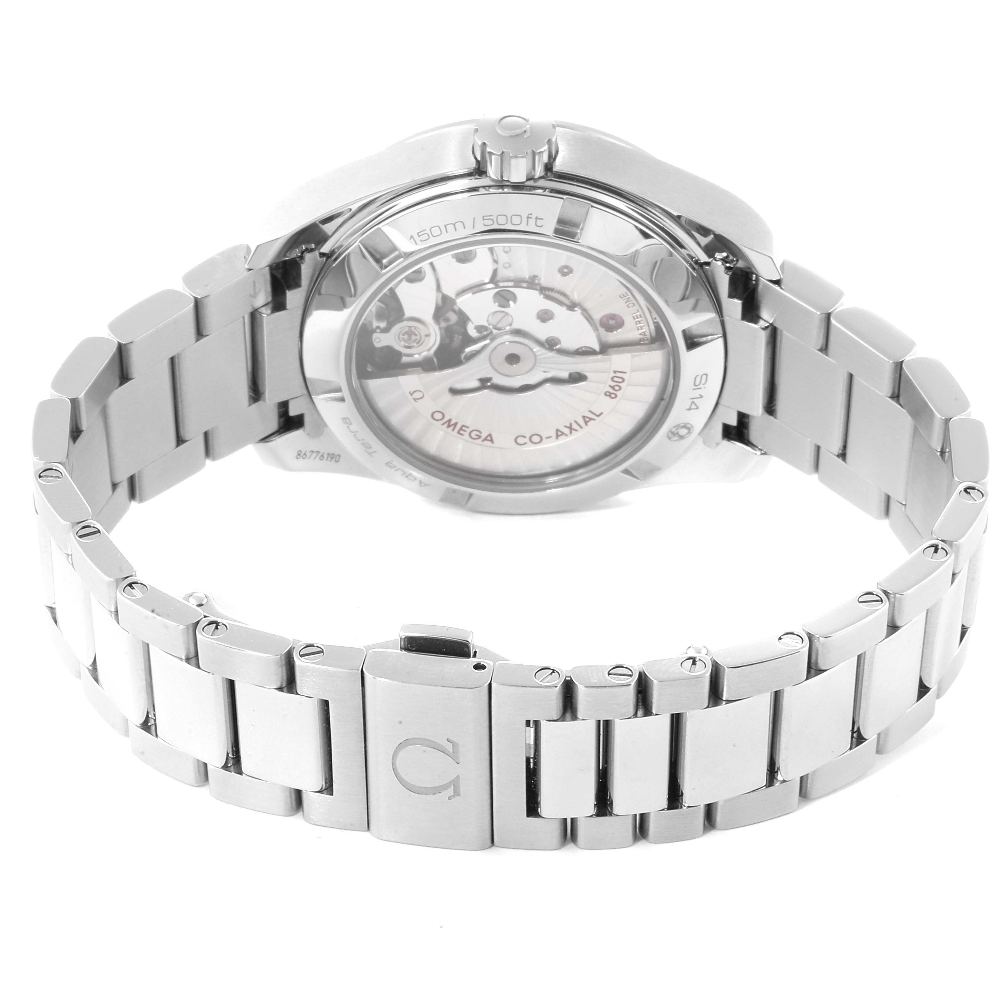 The image shows the back view of the Omega Aqua Terra 231.10.39.22.01.001 Men's Stainless Steel Black Dial 231.10.39.22.01.001 Men's Stainless Steel Black Dial watch, highlighting the transparent case back and the metal bracelet.