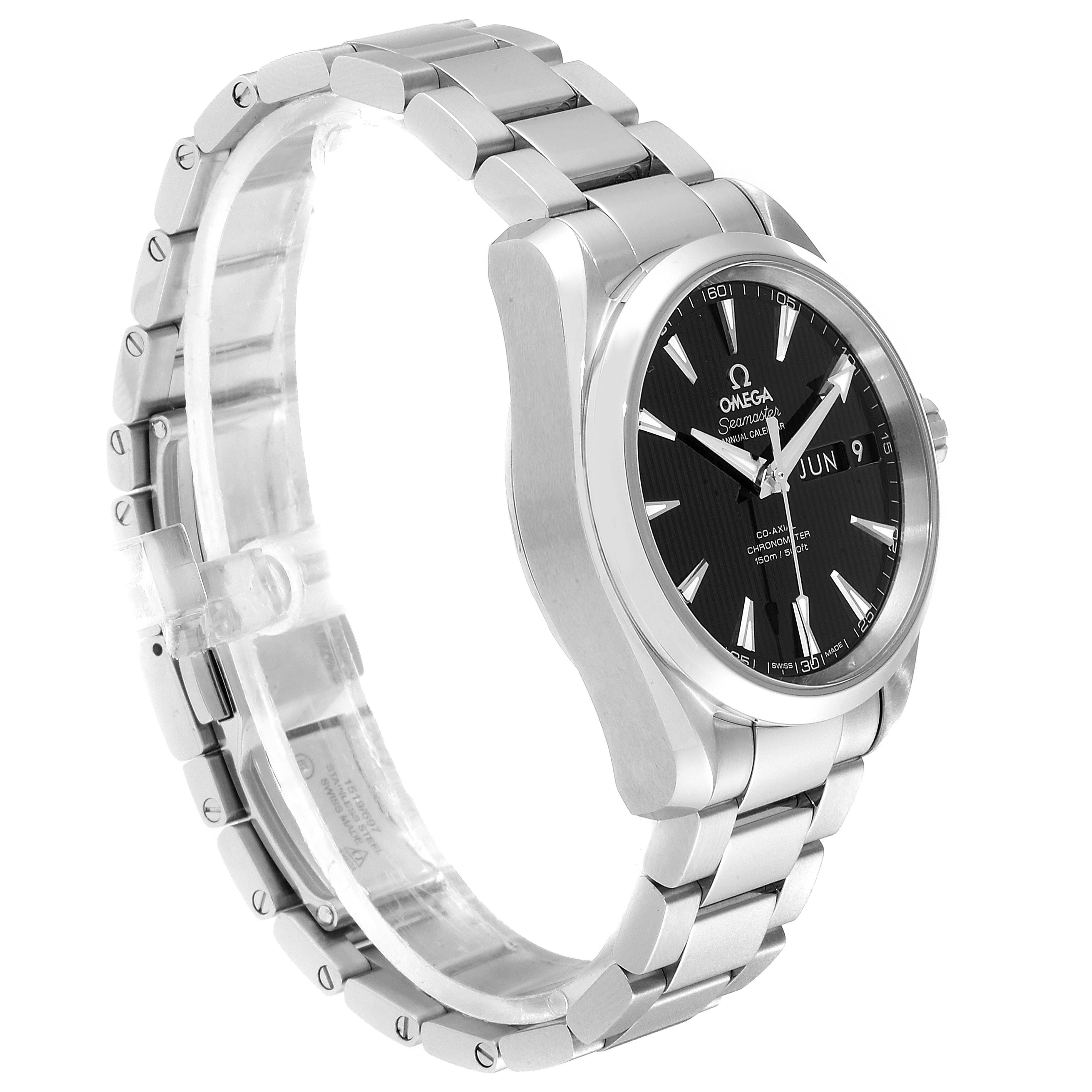 This image shows an Omega Aqua Terra 231.10.39.22.01.001 Men's Stainless Steel Black Dial 231.10.39.22.01.001 Men's Stainless Steel Black Dial watch from an angled side view, highlighting the face, bracelet, and crown.