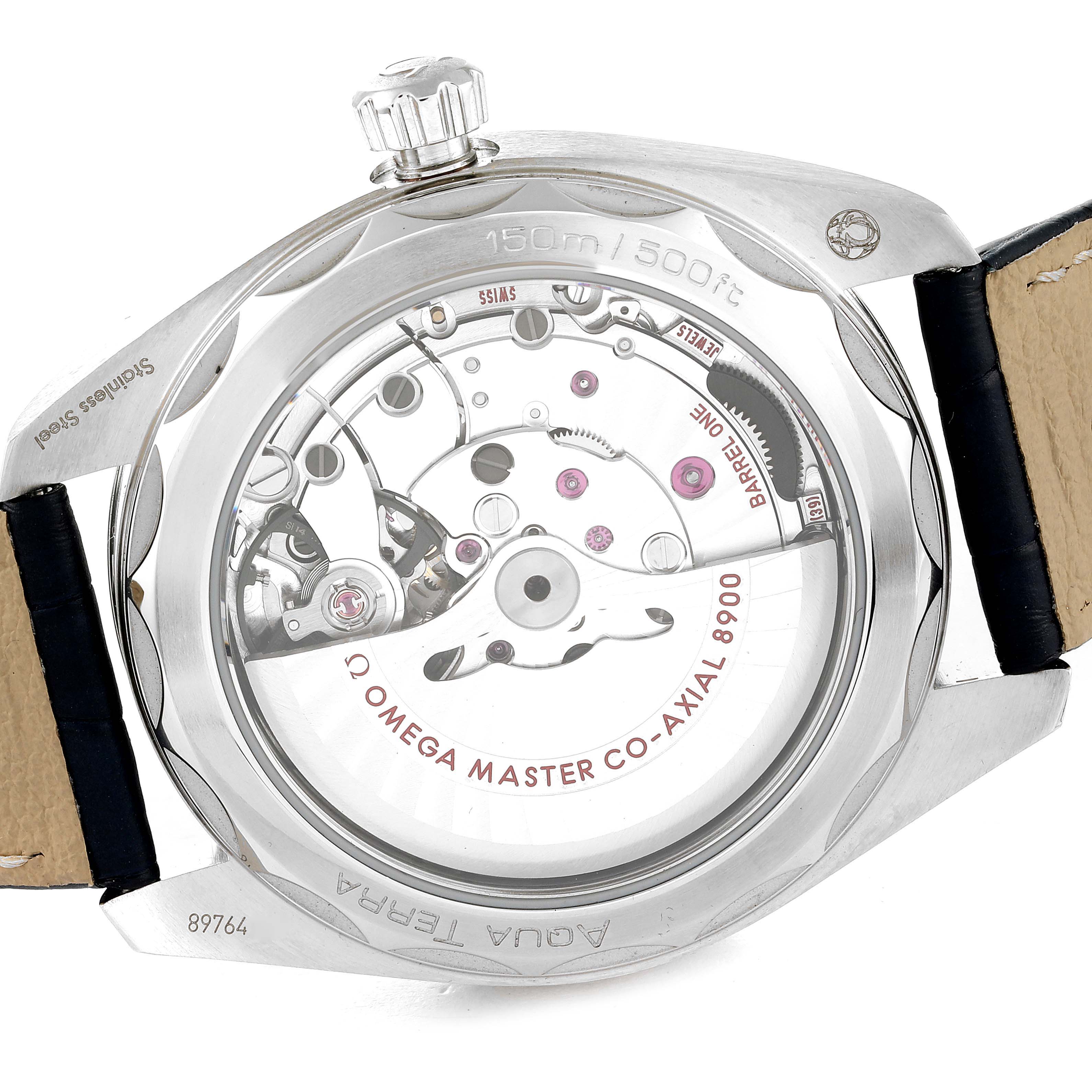 This image shows the back view of the Omega Aqua Terra 220.13.41.21.03.002 Men
s Stainless Steel Blue Dial 220.13.41.21.03.002 Men
s Stainless Steel Blue Dial watch, revealing the internal mechanism.