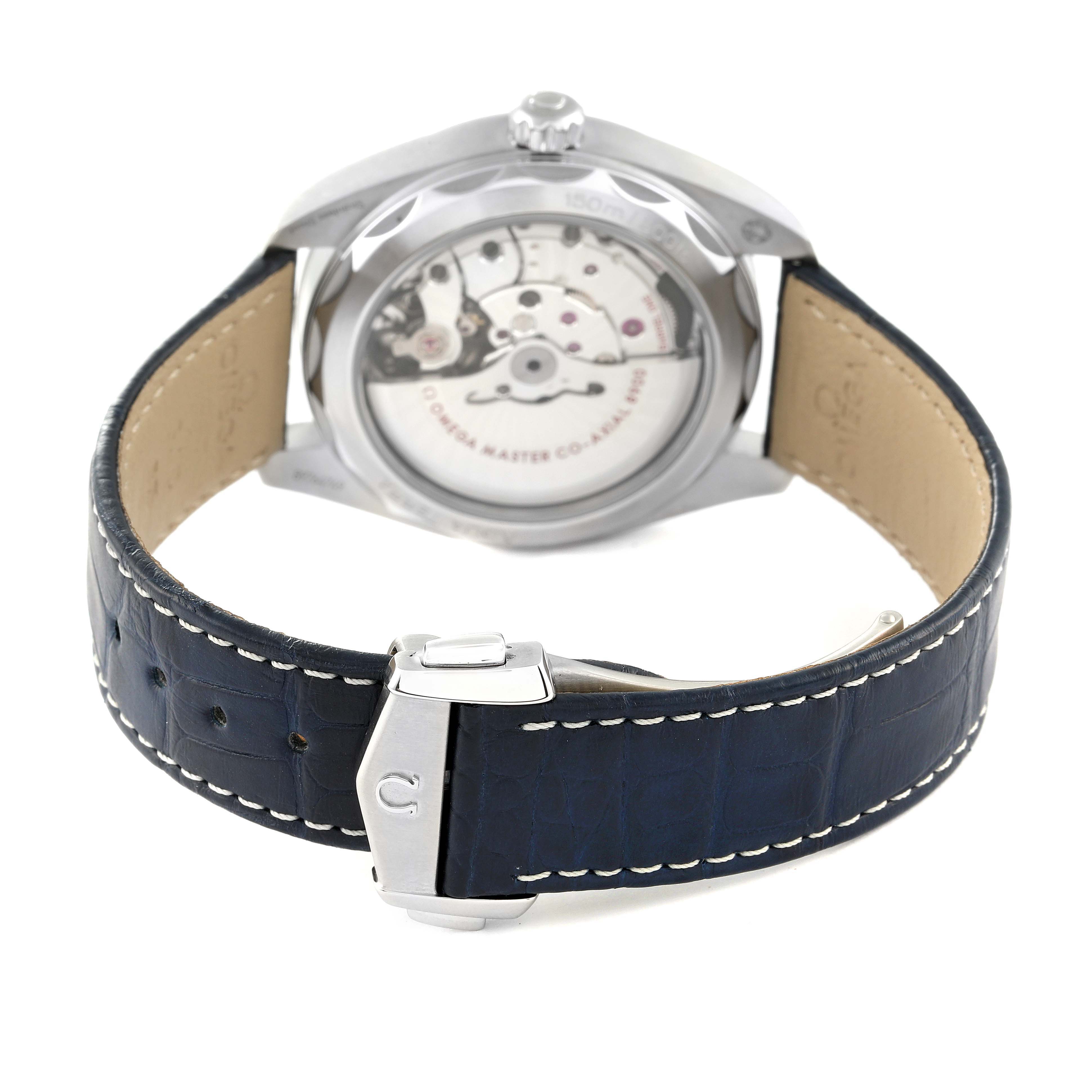 The image shows an Omega Aqua Terra 220.13.41.21.03.002 Men
s Stainless Steel Blue Dial 220.13.41.21.03.002 Men
s Stainless Steel Blue Dial watch from the rear, focusing on the movement and blue leather strap.