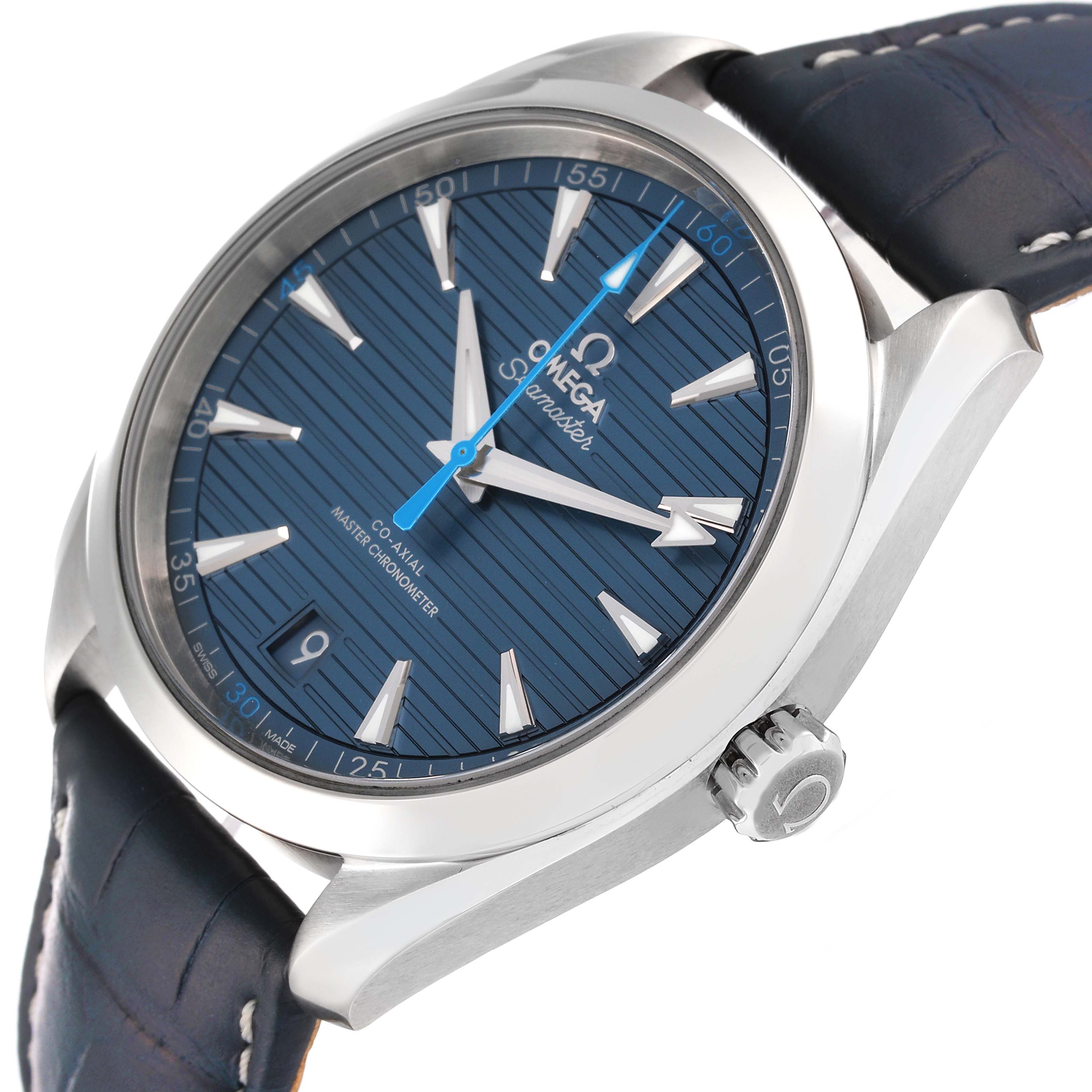 The image shows an angled view of the dial, bezel, crown, and part of the strap of the Omega Aqua Terra 220.13.41.21.03.002 Men
s Stainless Steel Blue Dial 220.13.41.21.03.002 Men
s Stainless Steel Blue Dial watch.