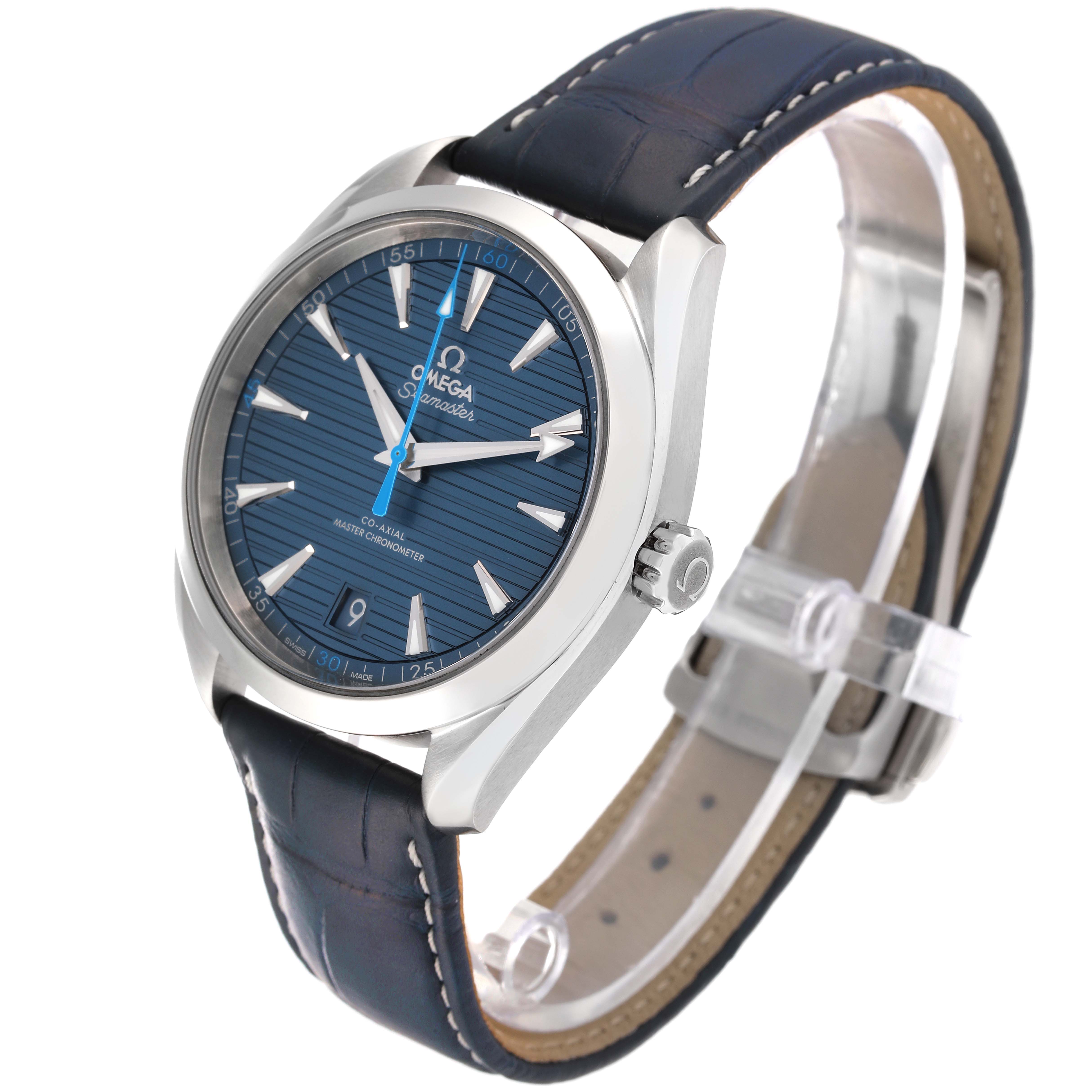 The Omega Aqua Terra 220.13.41.21.03.002 Men
s Stainless Steel Blue Dial 220.13.41.21.03.002 Men
s Stainless Steel Blue Dial watch is shown at a three-quarter angle, highlighting the face, bezel, crown, and leather strap.