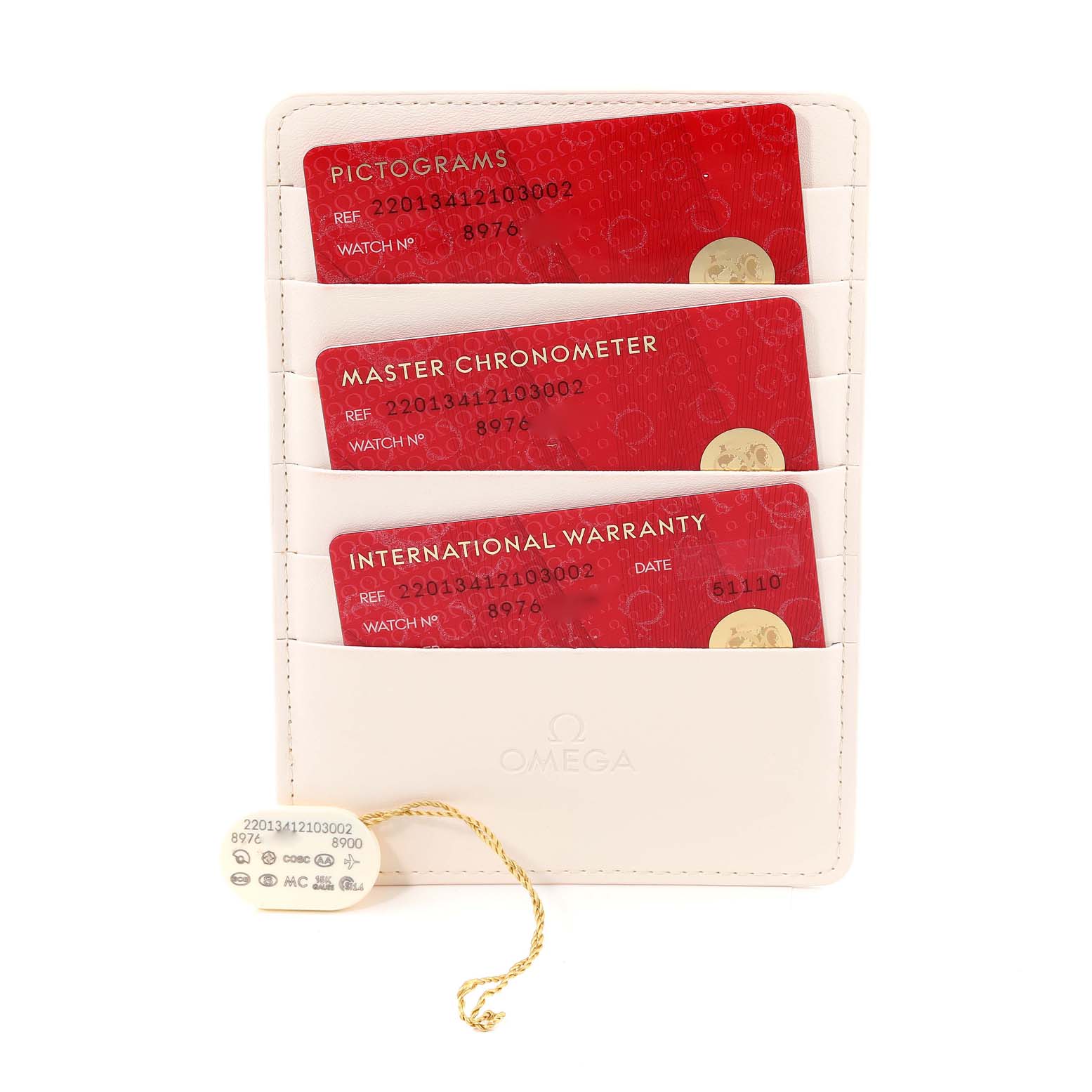 The image shows the Aqua Terra model by Omega
s warranty card holder with three red cards and a tag.
