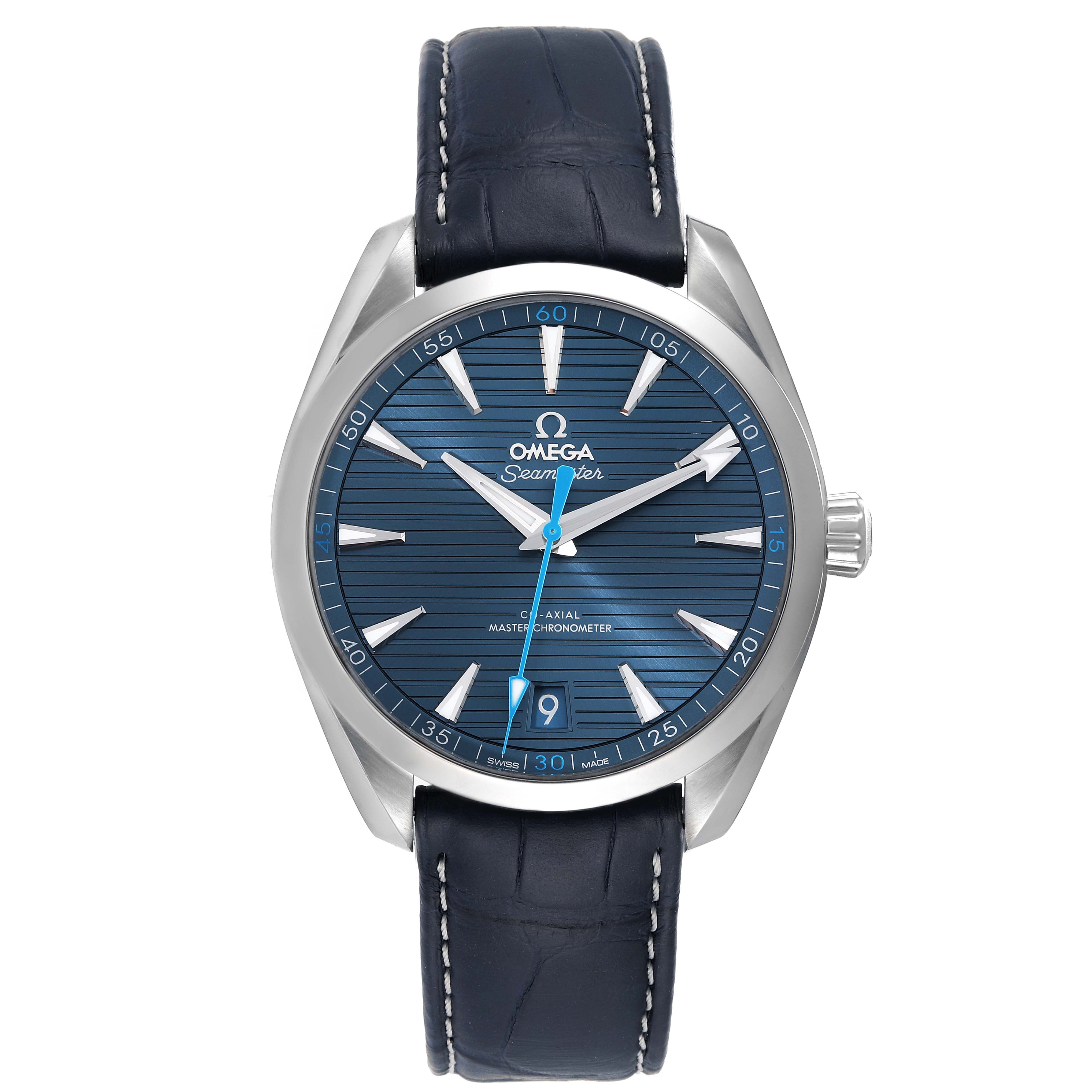 The image shows a front view of an Omega Aqua Terra 220.13.41.21.03.002 Men
s Stainless Steel Blue Dial 220.13.41.21.03.002 Men
s Stainless Steel Blue Dial watch with a blue dial and a blue leather strap.