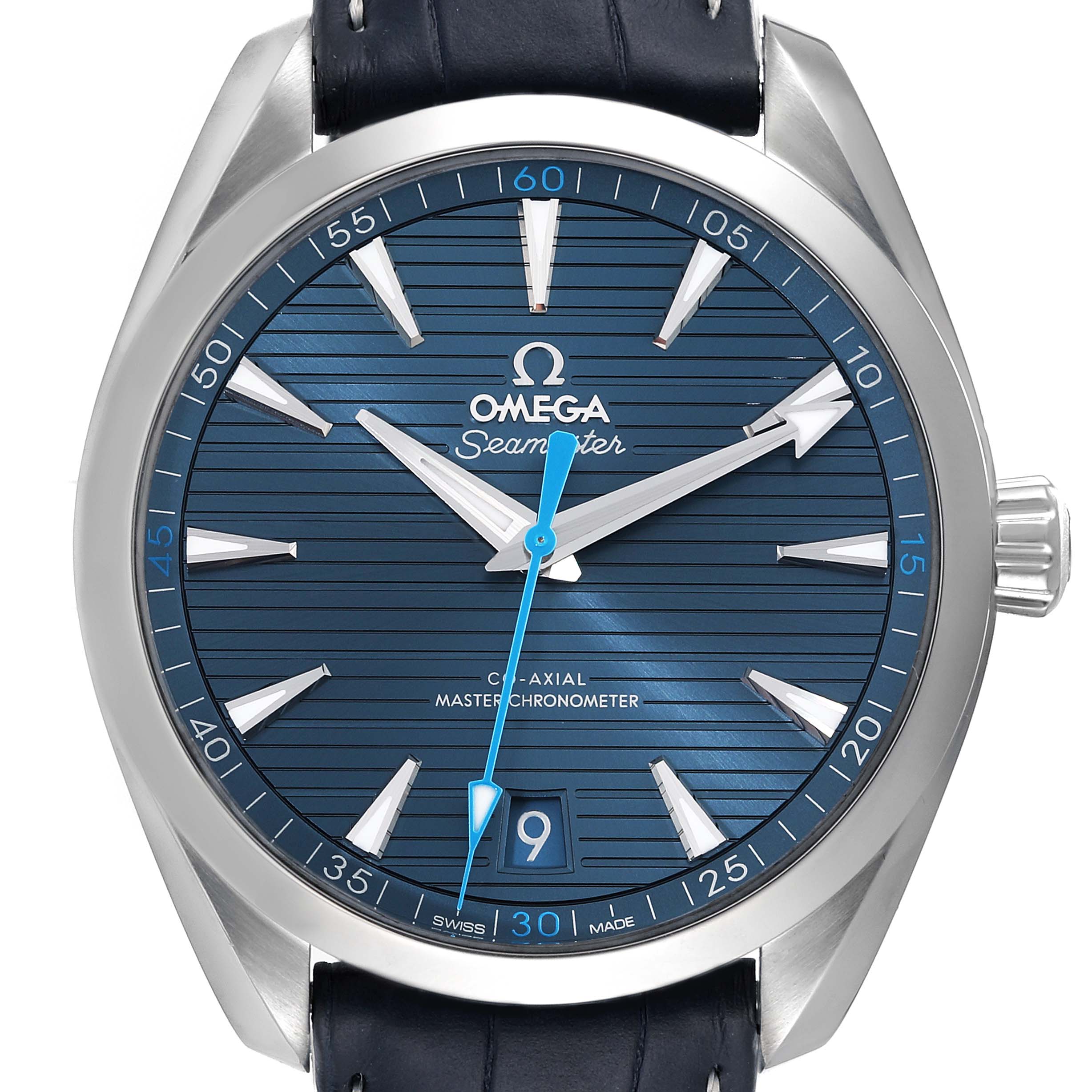 The image shows a front view of the Omega Aqua Terra 220.13.41.21.03.002 Men
s Stainless Steel Blue Dial 220.13.41.21.03.002 Men
s Stainless Steel Blue Dial watch featuring a blue dial and date display at 6 o
clock.