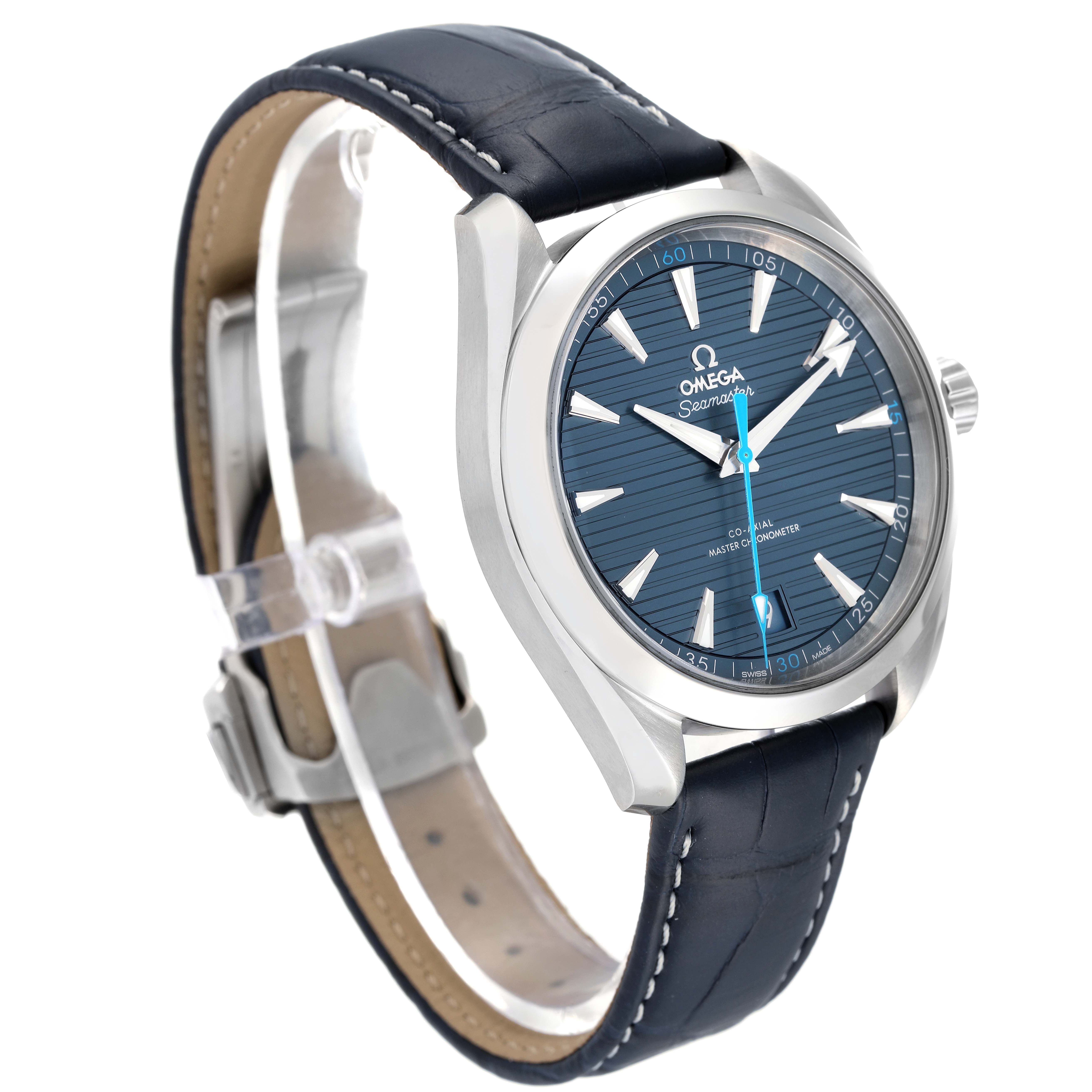 The image shows a side view of the Omega Aqua Terra 220.13.41.21.03.002 Men
s Stainless Steel Blue Dial 220.13.41.21.03.002 Men
s Stainless Steel Blue Dial watch, highlighting its blue dial, silver bezel, and navy leather strap.