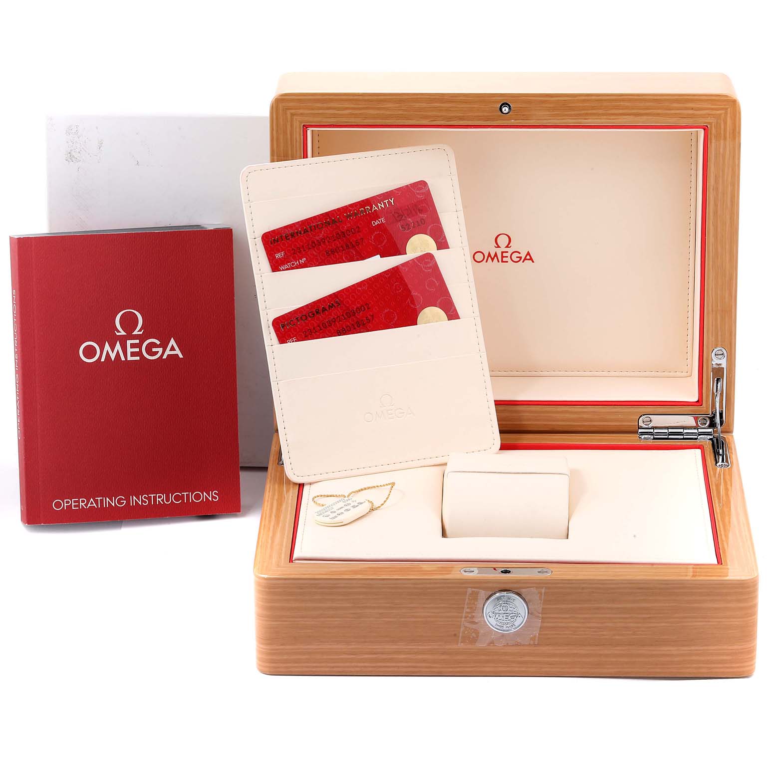The image shows the Aqua Terra model by Omega packaging, including the watch box, instruction manual, and Best Quality
ity cards.