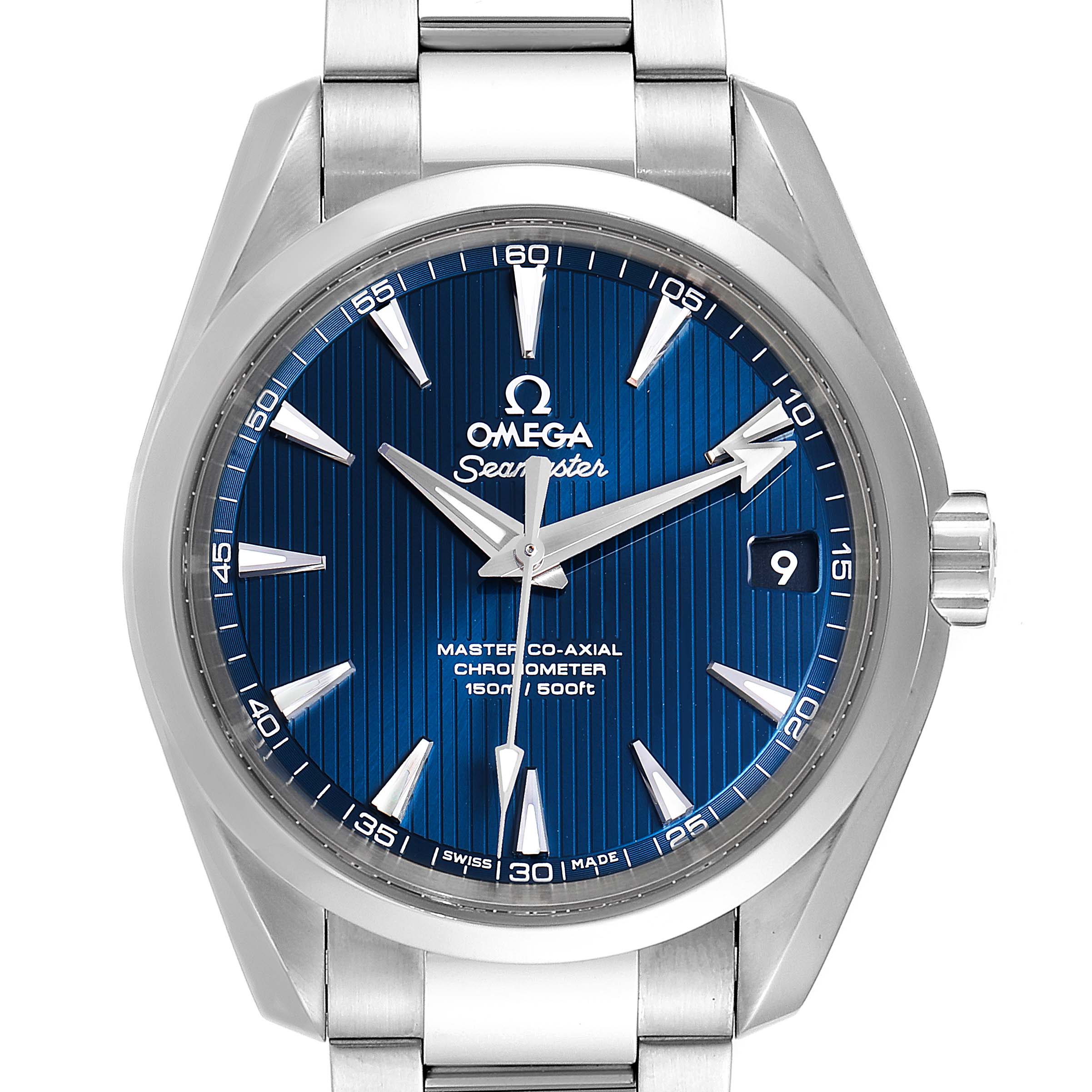 This image shows a front-facing view of the Omega Aqua Terra 231.10.39.21.03.002 Men
s Stainless Steel Blue Dial 231.10.39.21.03.002 Men
s Stainless Steel Blue Dial watch, highlighting its blue dial, stainless steel case, and bracelet.