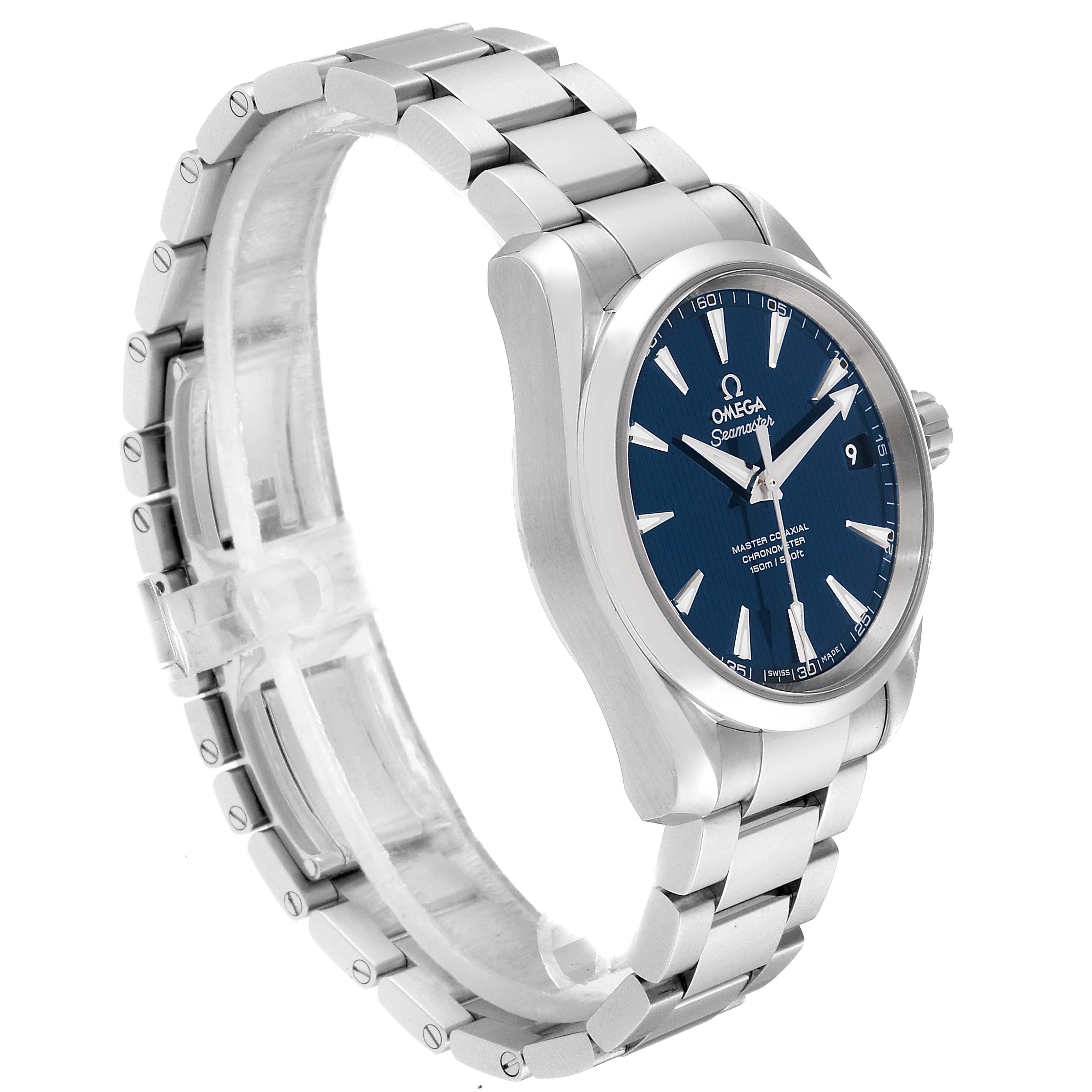 This photo shows an angled side view of the Omega Aqua Terra 231.10.39.21.03.002 Men
s Stainless Steel Blue Dial 231.10.39.21.03.002 Men
s Stainless Steel Blue Dial watch, displaying the face, bezel, crown, and bracelet.