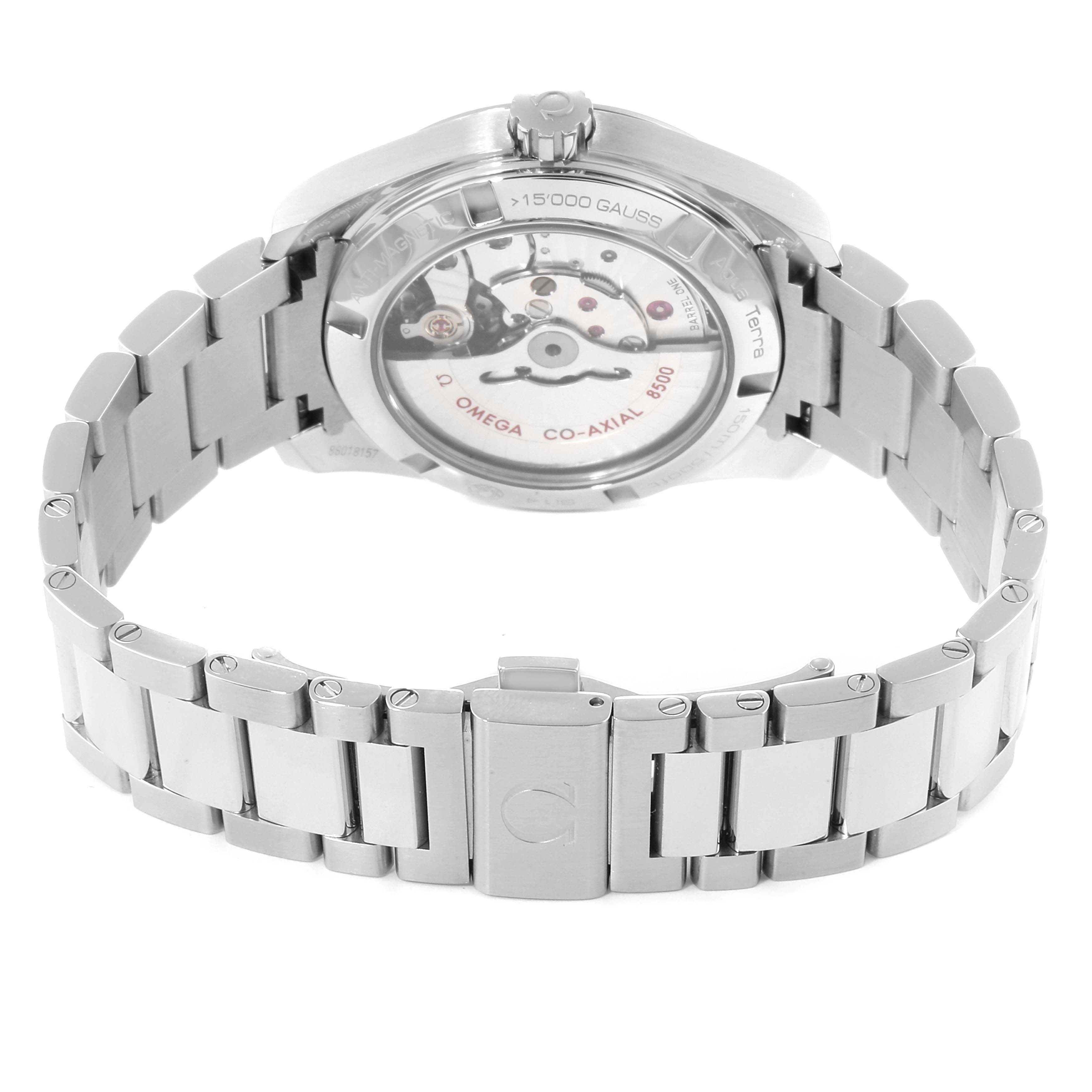 This image shows the back view of the Omega Aqua Terra 231.10.39.21.03.002 Men
s Stainless Steel Blue Dial 231.10.39.21.03.002 Men
s Stainless Steel Blue Dial watch, highlighting its transparent case back and stainless steel bracelet.