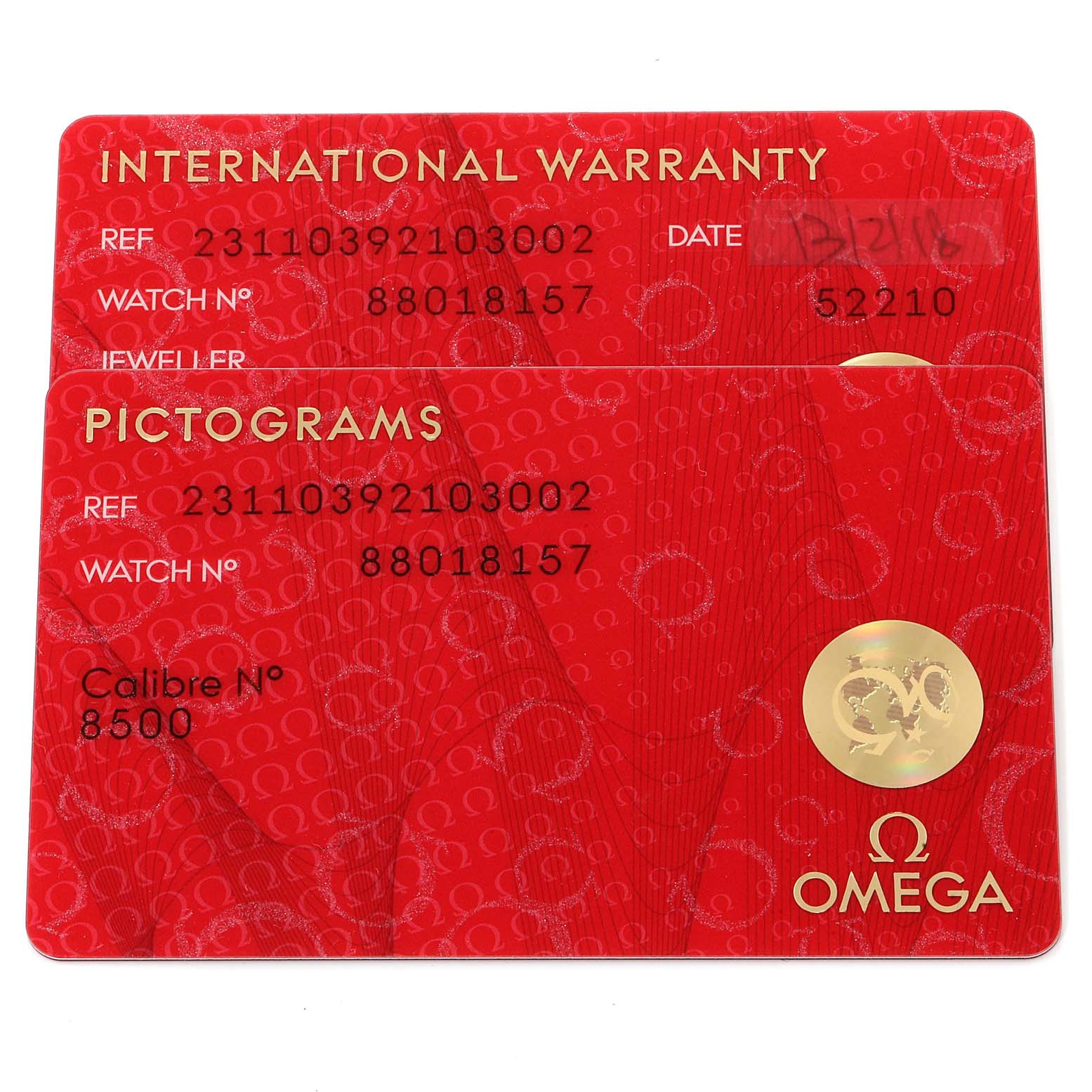 The image shows the International Warranty and Pictograms cards for the Omega Aqua Terra 231.10.39.21.03.002 Men
s Stainless Steel Blue Dial 231.10.39.21.03.002 Men
s Stainless Steel Blue Dial model watch.