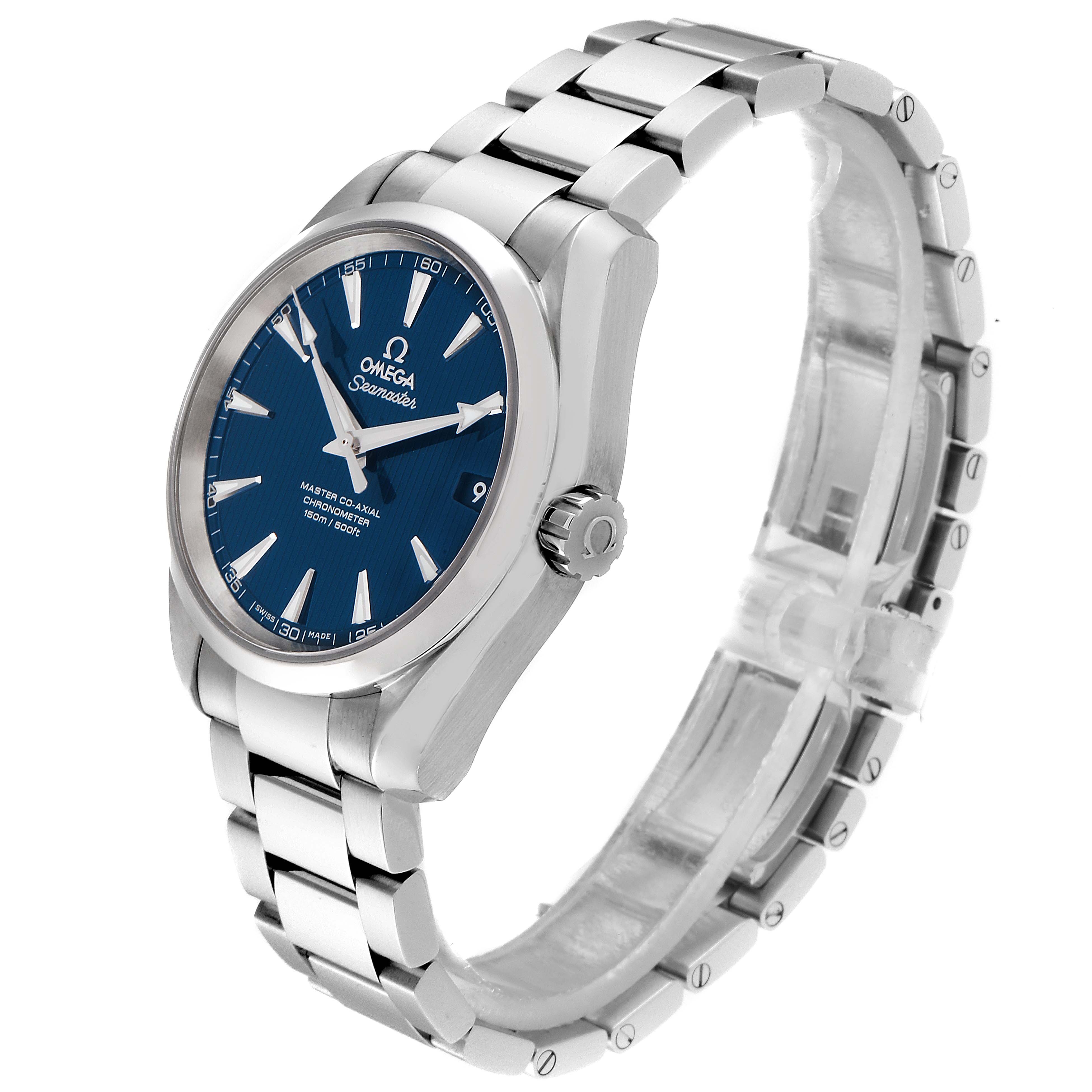 The image shows an Omega Aqua Terra 231.10.39.21.03.002 Men
s Stainless Steel Blue Dial 231.10.39.21.03.002 Men
s Stainless Steel Blue Dial watch at an angle, highlighting the blue dial, stainless steel case, and bracelet.