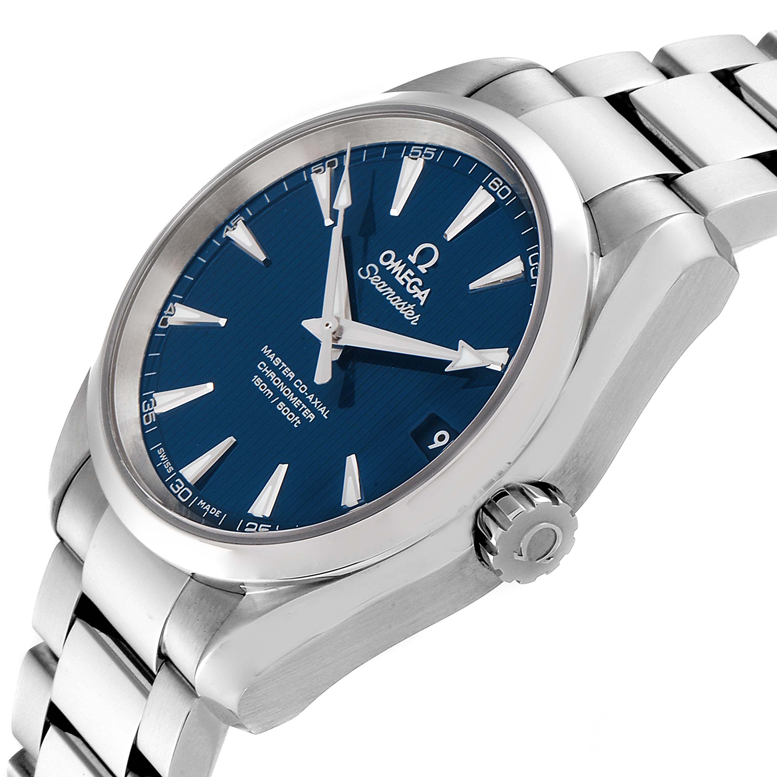 The image shows a close-up, angled view of the Omega Aqua Terra 231.10.39.21.03.002 Men
s Stainless Steel Blue Dial 231.10.39.21.03.002 Men
s Stainless Steel Blue Dial watch, focusing on its face, bezel, and part of the bracelet.