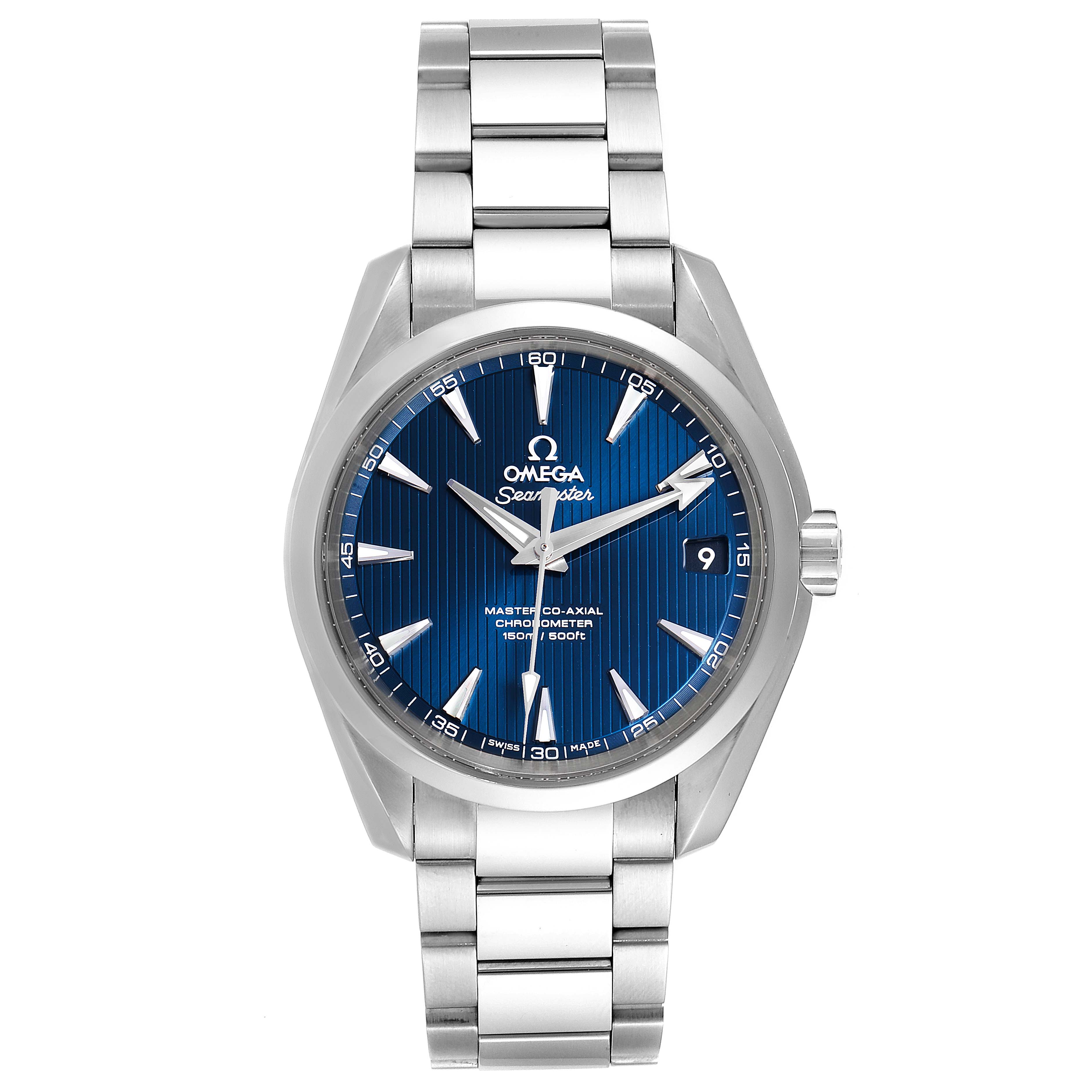 The Omega Aqua Terra 231.10.39.21.03.002 Men
s Stainless Steel Blue Dial 231.10.39.21.03.002 Men
s Stainless Steel Blue Dial watch is shown from a front view displaying its dial, bracelet, and crown.