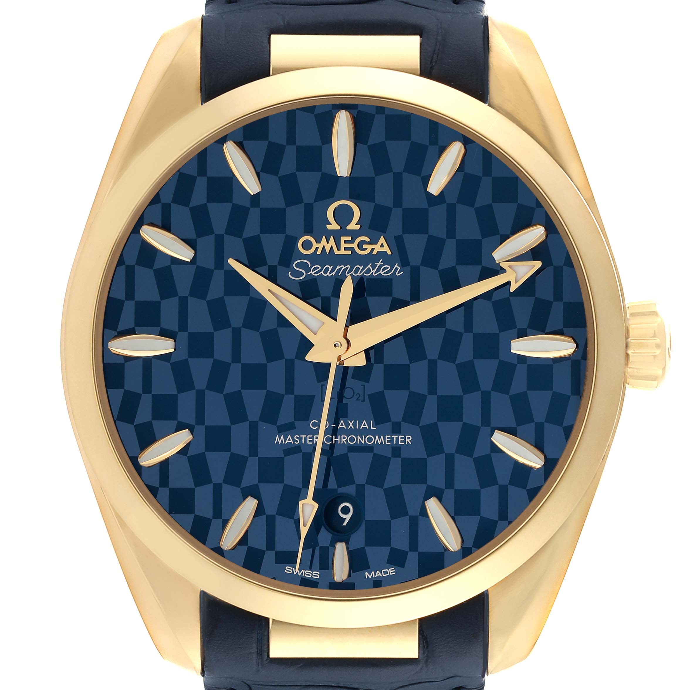 This image shows the front view of the Omega Aqua Terra 522.53.38.20.03.001 Men's Yellow Gold Blue Dial 522.53.38.20.03.001 Men's Yellow Gold Blue Dial model watch, highlighting its gold casing, blue patterned dial, and leather strap.