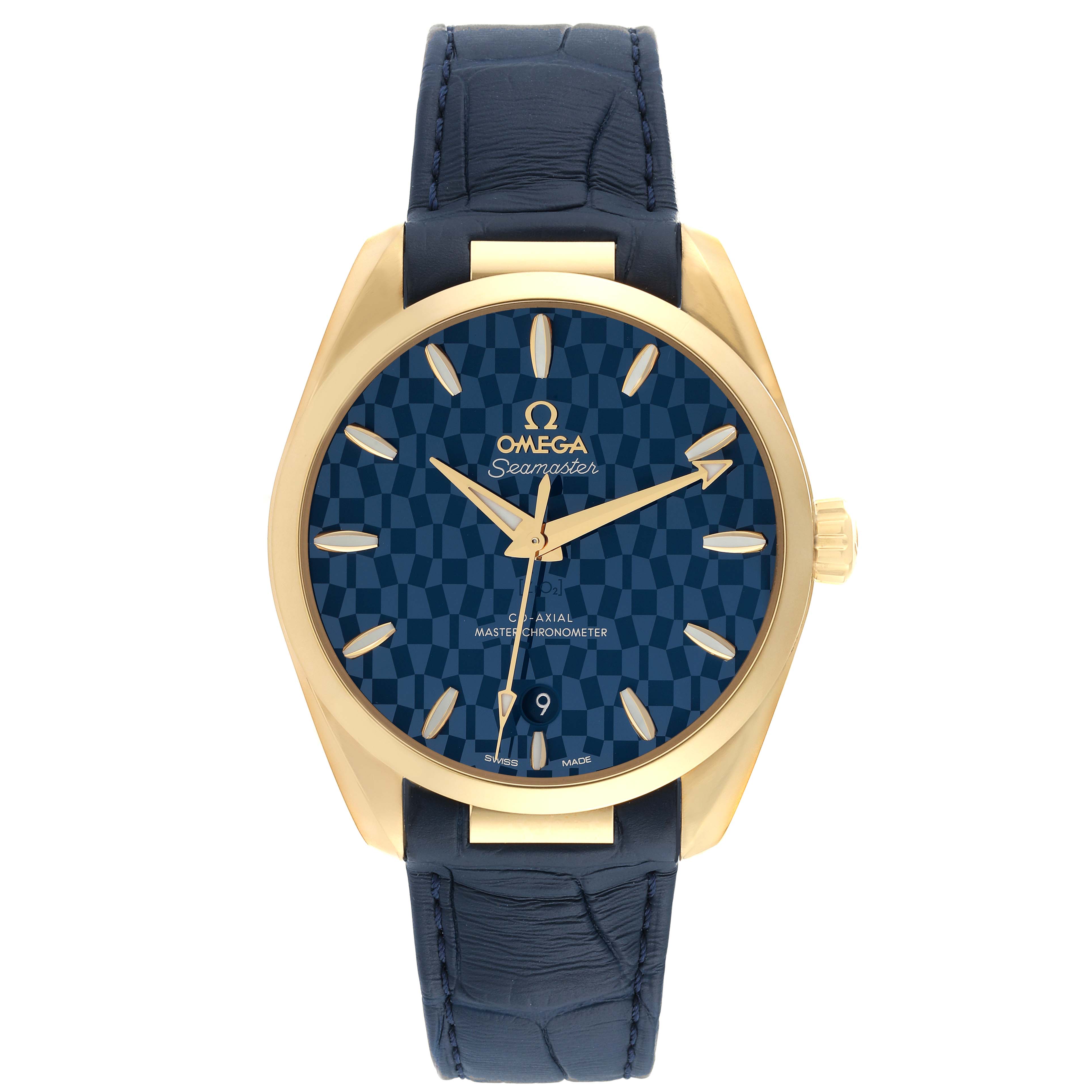 This image shows a front view of the Omega Aqua Terra 522.53.38.20.03.001 Men's Yellow Gold Blue Dial 522.53.38.20.03.001 Men's Yellow Gold Blue Dial model from the Seamaster collection, featuring its dial, hands, and strap.