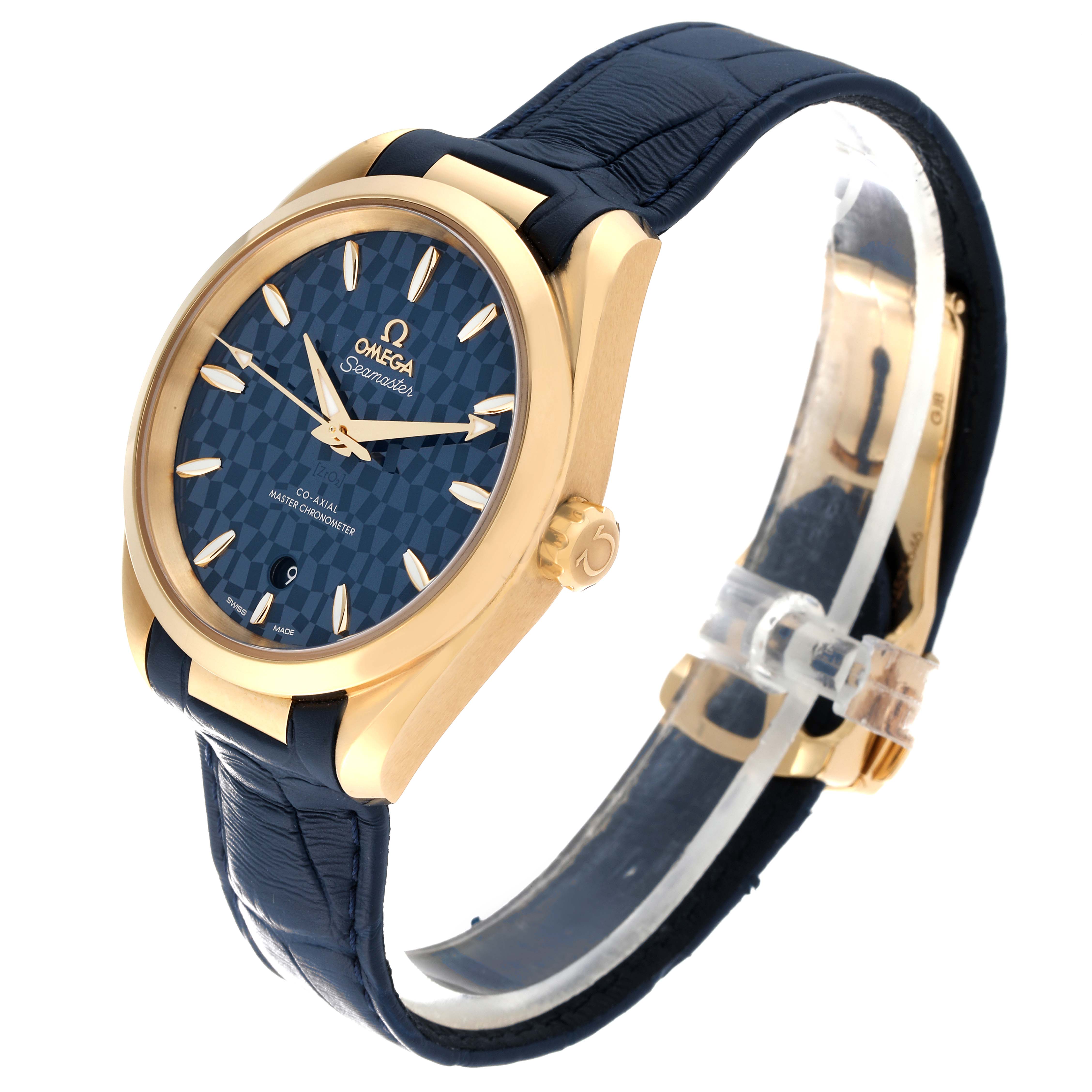 The image shows an angled side view of an Omega Aqua Terra 522.53.38.20.03.001 Men's Yellow Gold Blue Dial 522.53.38.20.03.001 Men's Yellow Gold Blue Dial watch, highlighting the blue strap, gold case, and dial.