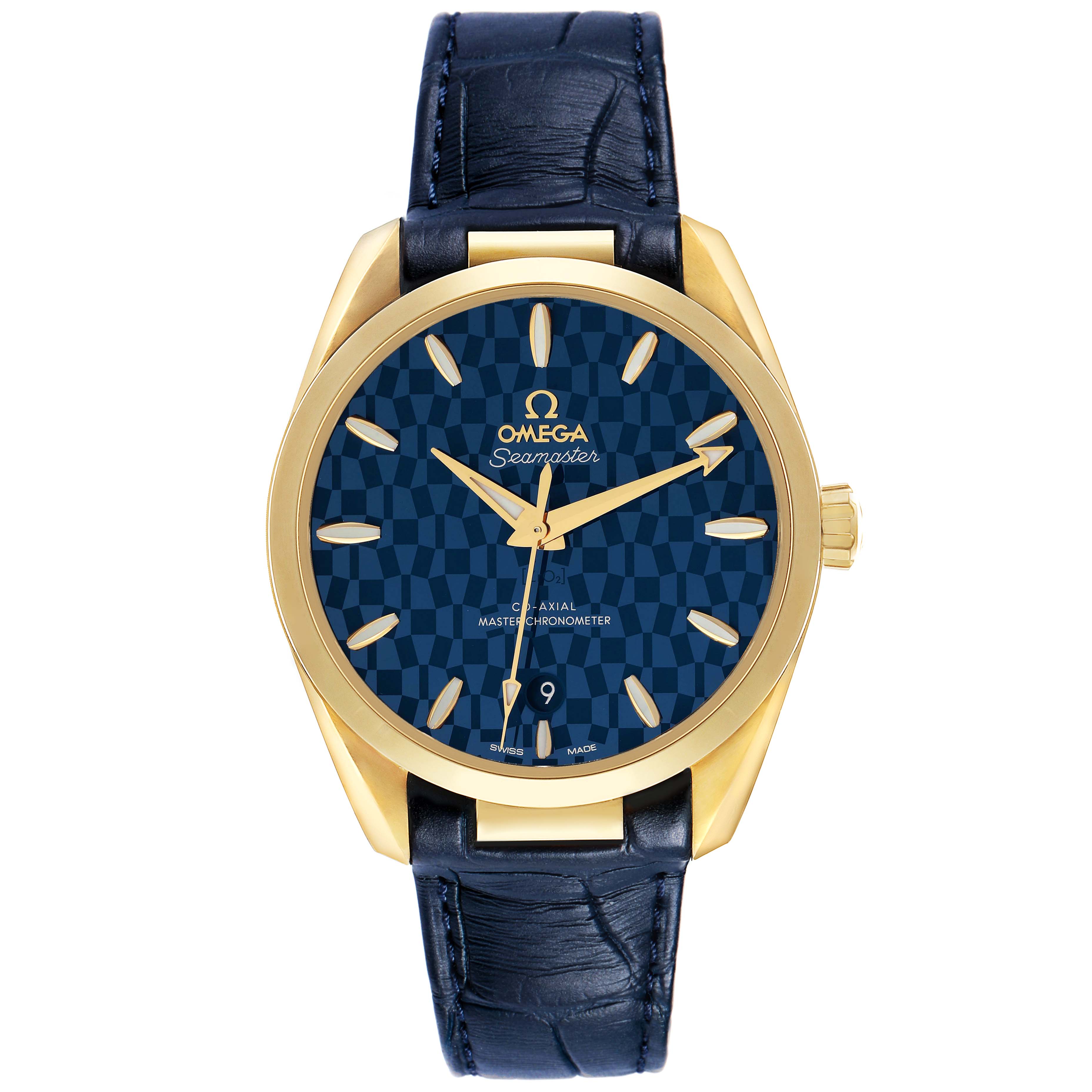 The Omega Aqua Terra 522.53.38.20.03.001 Men's Yellow Gold Blue Dial watch is shown from the front, highlighting its blue dial, gold case, and leather strap.