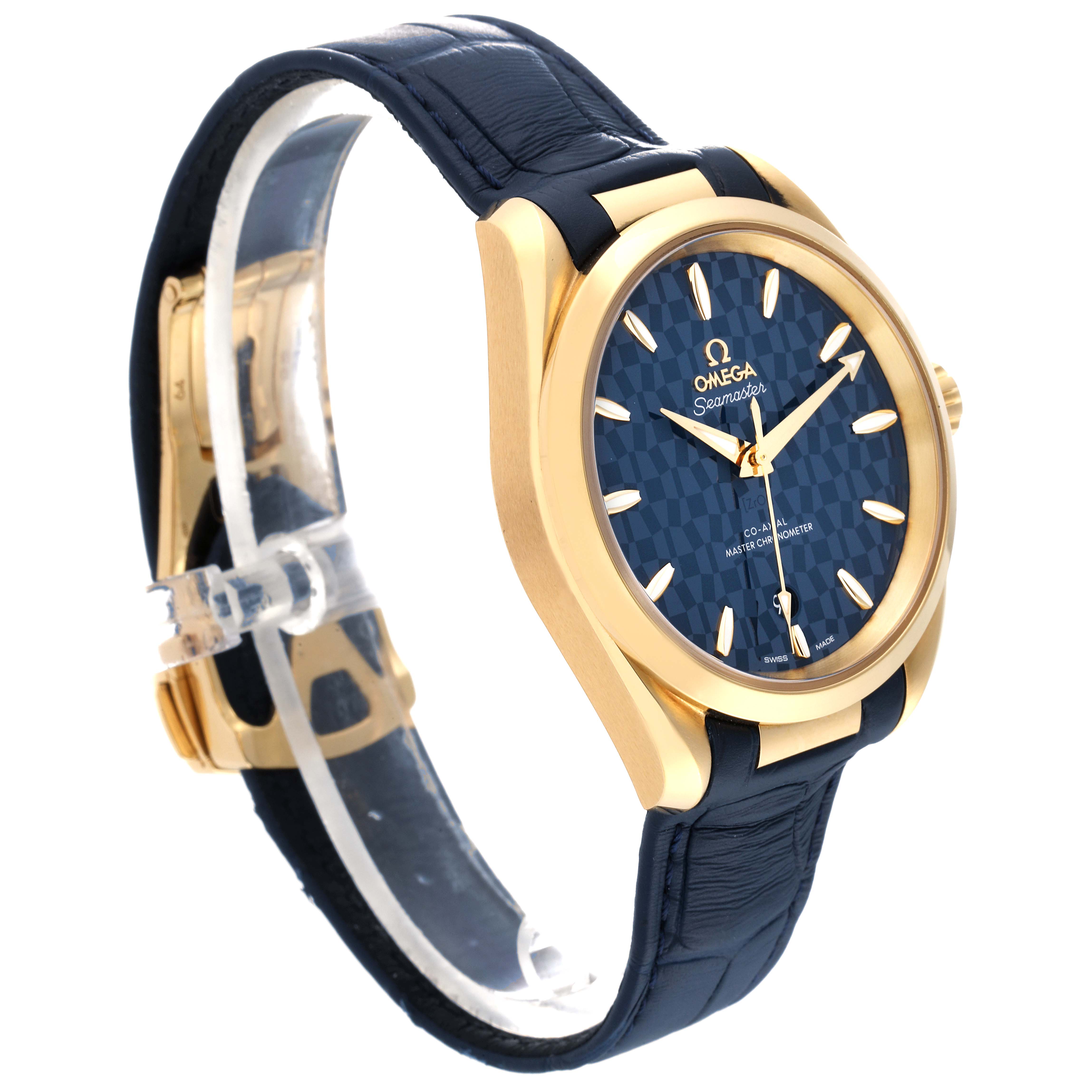 The Omega Aqua Terra 522.53.38.20.03.001 Men's Yellow Gold Blue Dial 522.53.38.20.03.001 Men's Yellow Gold Blue Dial watch is shown at an oblique angle, highlighting its gold case, blue dial, and black leather strap.