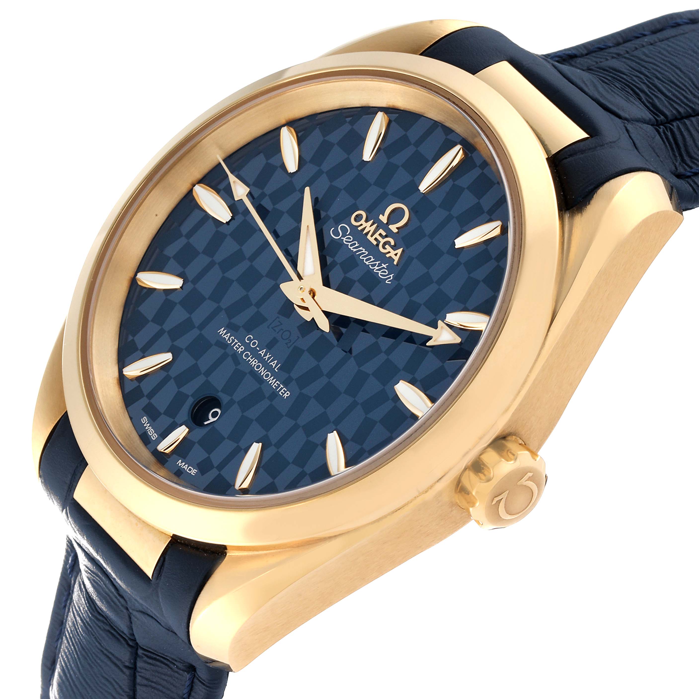 The image shows a close-up side angle of the Omega Aqua Terra 522.53.38.20.03.001 Men's Yellow Gold Blue Dial 522.53.38.20.03.001 Men's Yellow Gold Blue Dial model, highlighting the dial, crown, and part of the band.
