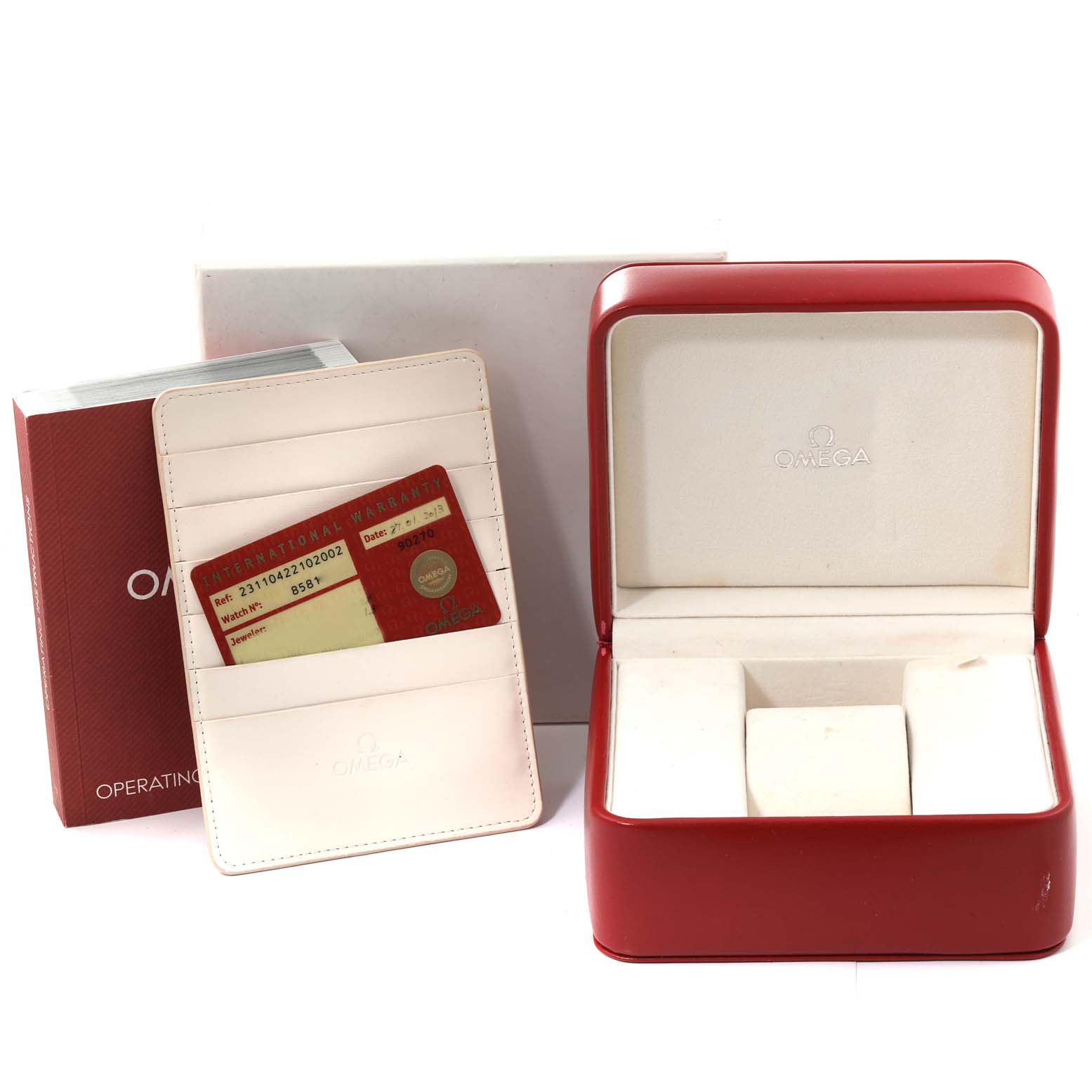 The image shows the packaging, warranty card, and casing for the Omega Aqua Terra 231.10.42.21.02.002 Men
s Stainless Steel Silver Dial 231.10.42.21.02.002 Men
s Stainless Steel Silver Dial model watch taken from a front angle.