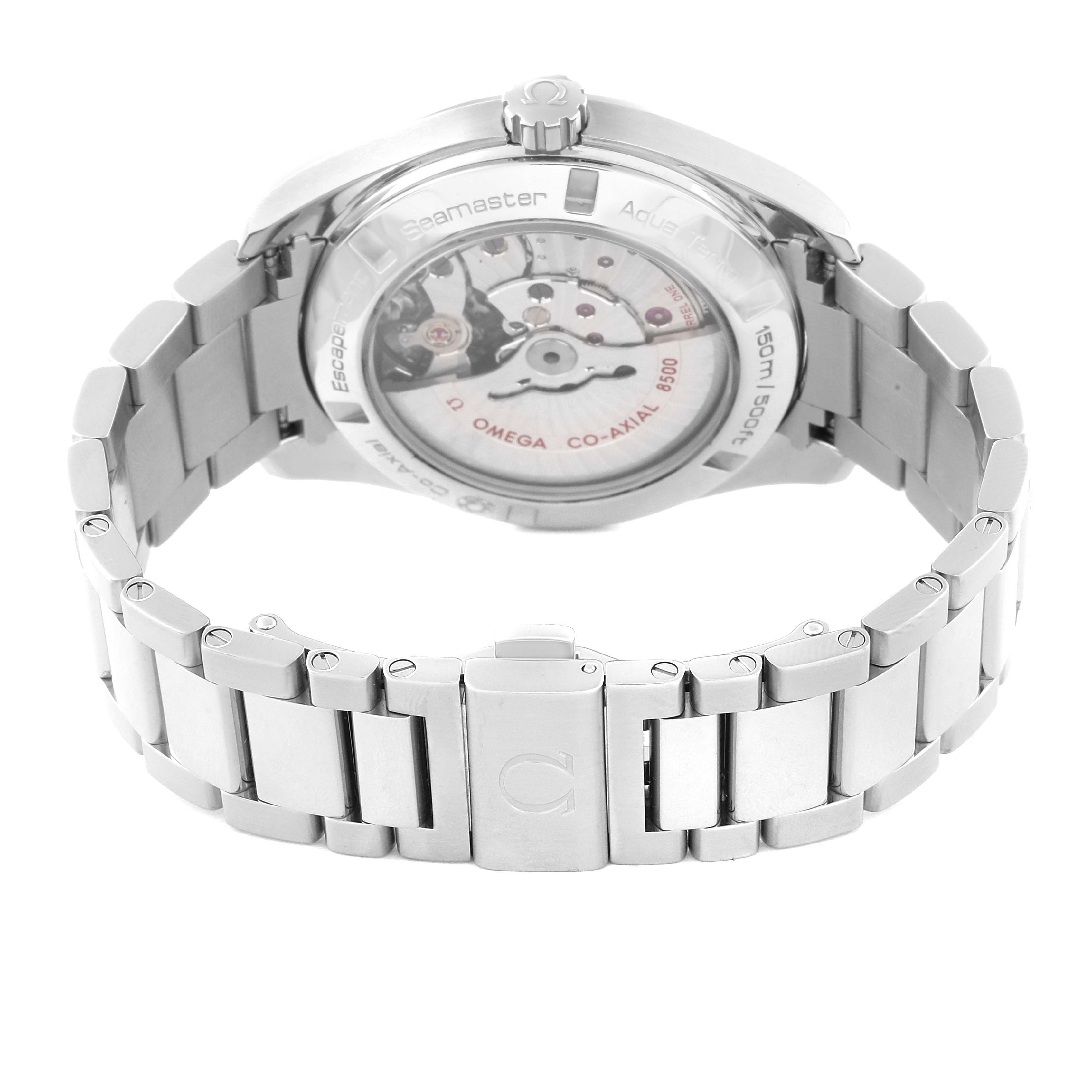 The image shows the back view of an Omega Aqua Terra 231.10.42.21.02.002 Men
s Stainless Steel Silver Dial 231.10.42.21.02.002 Men
s Stainless Steel Silver Dial watch, highlighting its metal bracelet and visible movement through the case back.