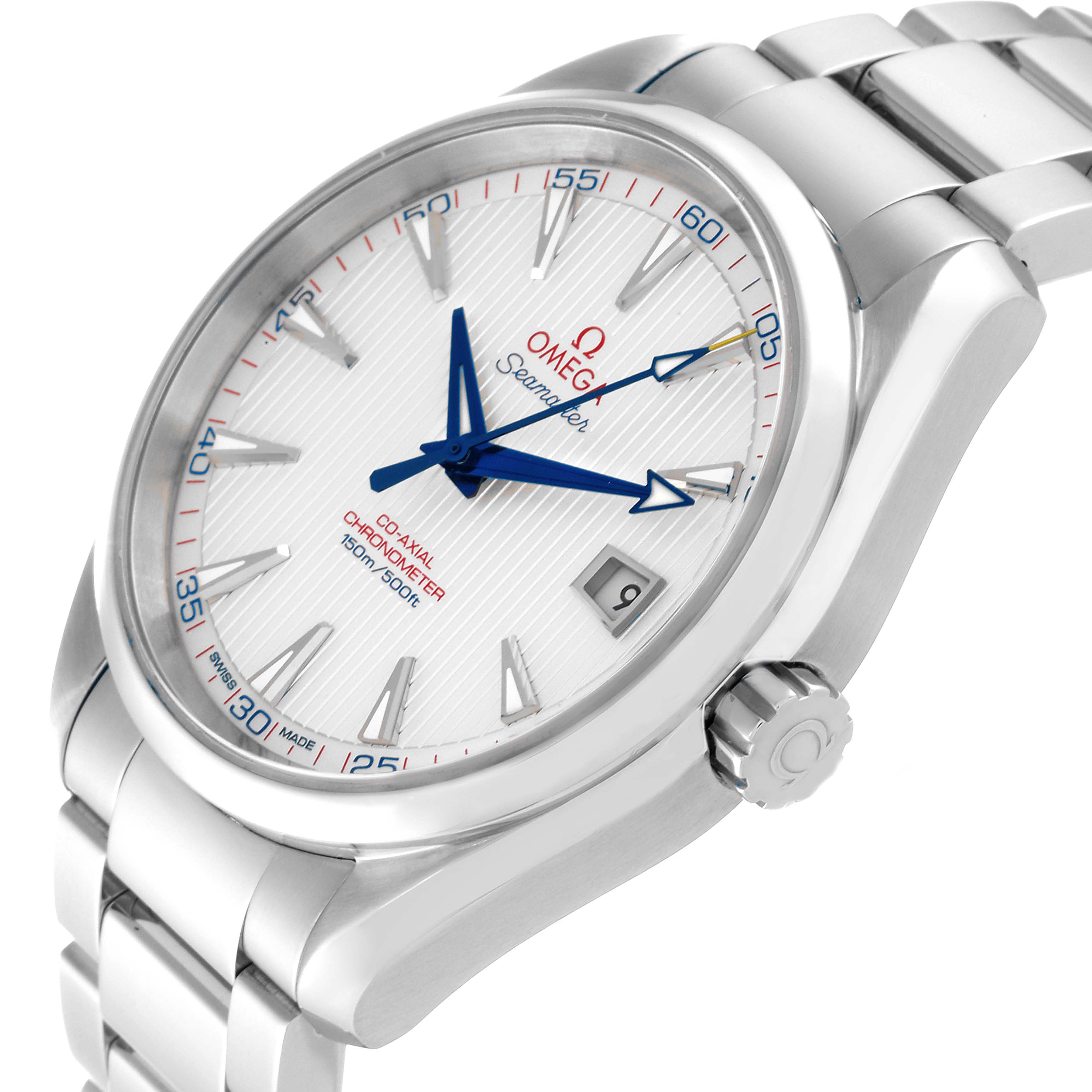 The Omega Aqua Terra 231.10.42.21.02.002 Men
s Stainless Steel Silver Dial 231.10.42.21.02.002 Men
s Stainless Steel Silver Dial watch is shown at a three-quarter angle, highlighting the face, bezel, crown, and bracelet.