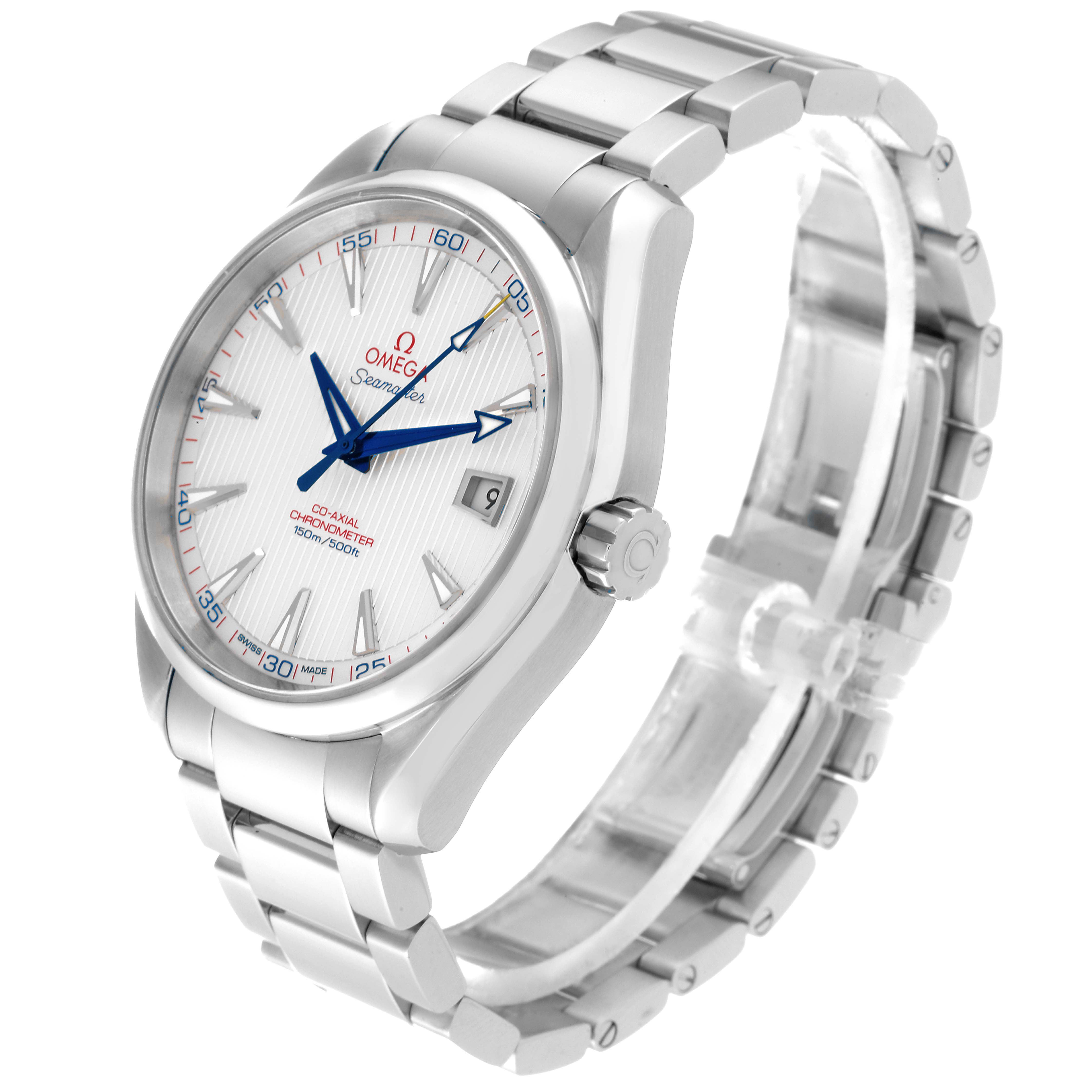 The Omega Aqua Terra 231.10.42.21.02.002 Men
s Stainless Steel Silver Dial 231.10.42.21.02.002 Men
s Stainless Steel Silver Dial watch is shown at a three-quarter angle, displaying its face, crown, and bracelet.