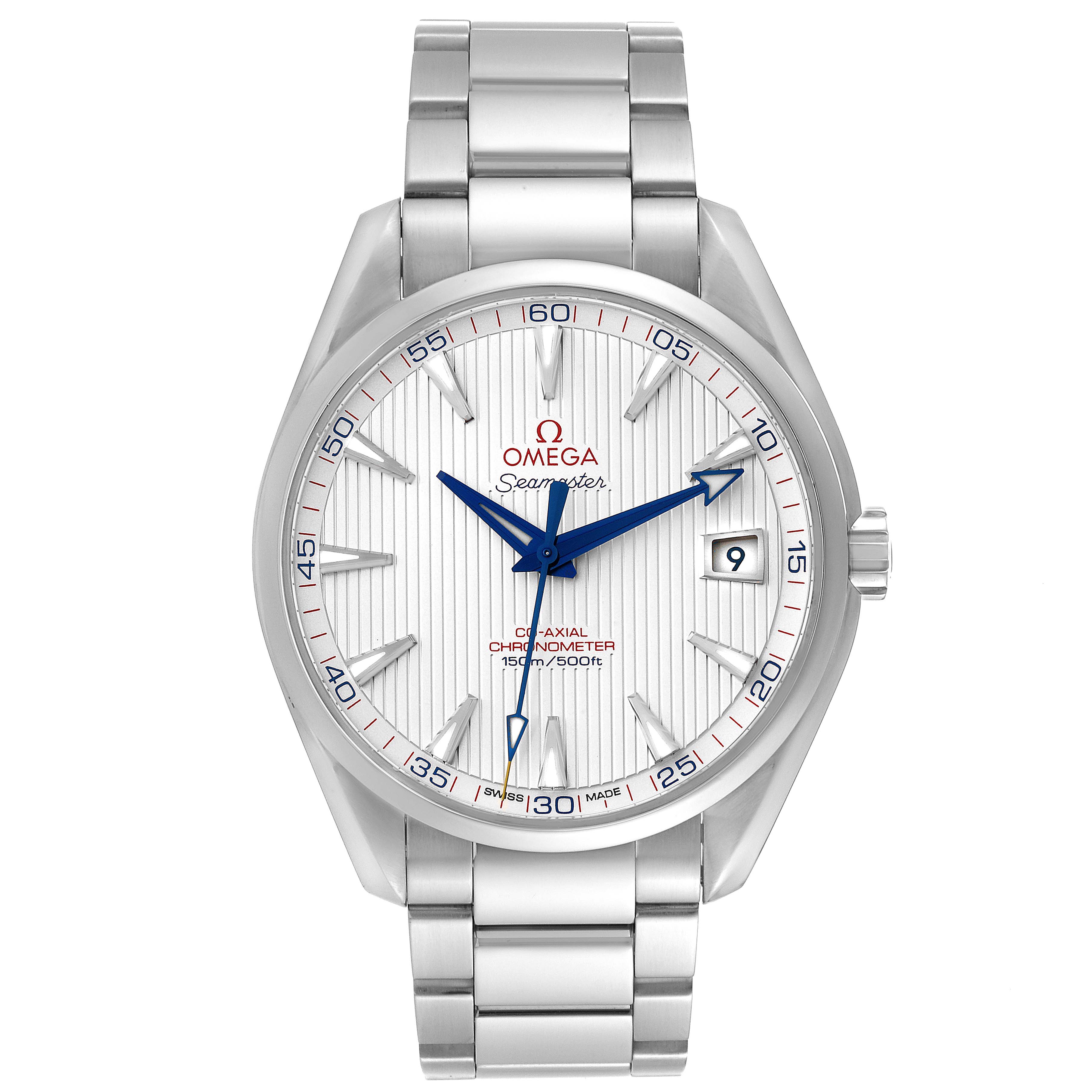 This image shows a front view of the Omega Aqua Terra 231.10.42.21.02.002 Men
s Stainless Steel Silver Dial 231.10.42.21.02.002 Men
s Stainless Steel Silver Dial model watch, featuring its dial, bezel, and metal bracelet.