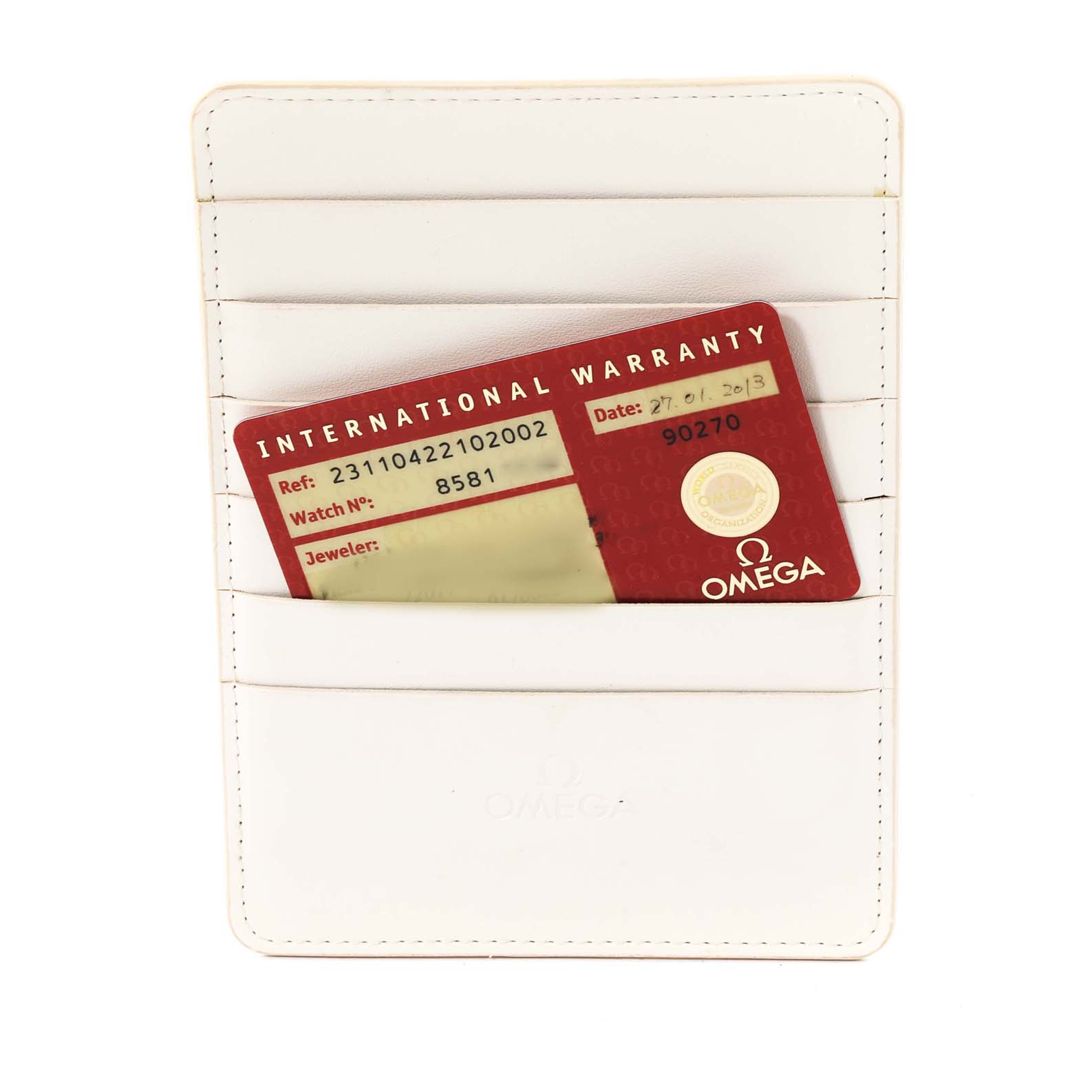 The image shows an Omega Aqua Terra 231.10.42.21.02.002 Men
s Stainless Steel Silver Dial 231.10.42.21.02.002 Men
s Stainless Steel Silver Dial warranty card inserted into a white cardholder at a straight-on angle.