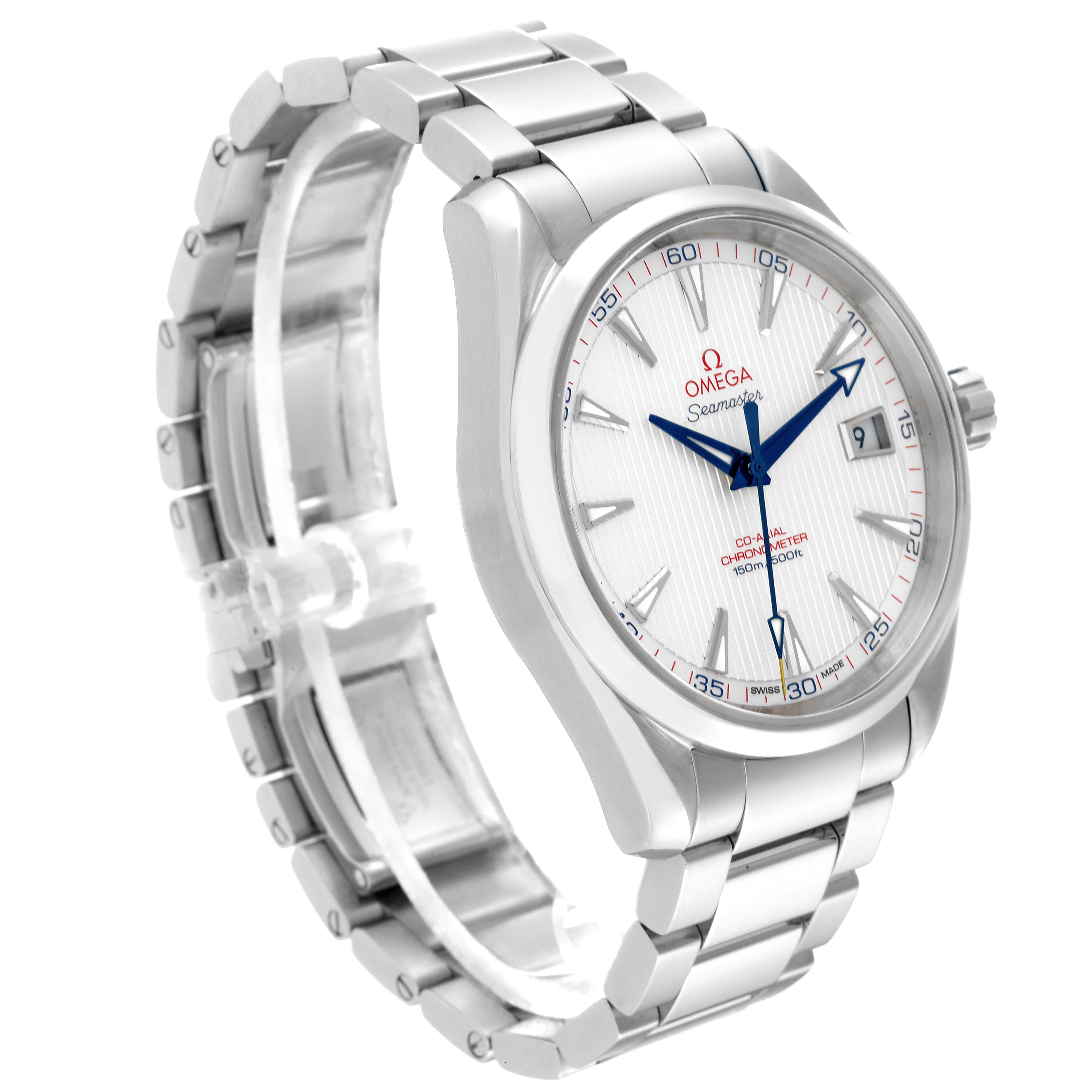 The Omega Aqua Terra 231.10.42.21.02.002 Men
s Stainless Steel Silver Dial 231.10.42.21.02.002 Men
s Stainless Steel Silver Dial watch is shown at an angle highlighting the silver-tone case, bracelet, and white dial with blue hands.