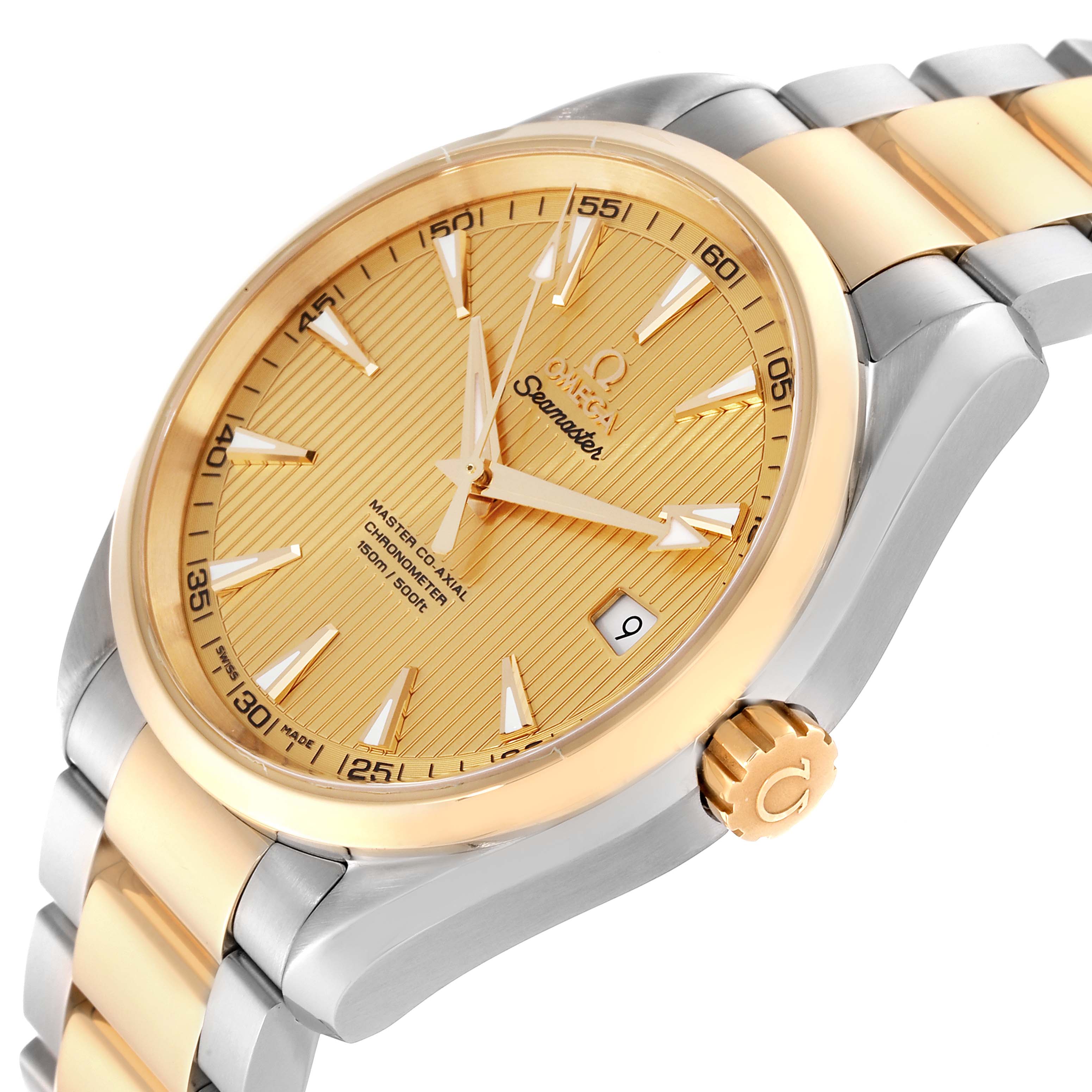 The image shows an Omega Aqua Terra 231.20.42.21.08.001 Men's Steel and Gold (two tone) Champagne Dial 231.20.42.21.08.001 Men's Steel and Gold (two tone) Champagne Dial watch featuring a side view highlighting the face, crown, and part of the bracelet.