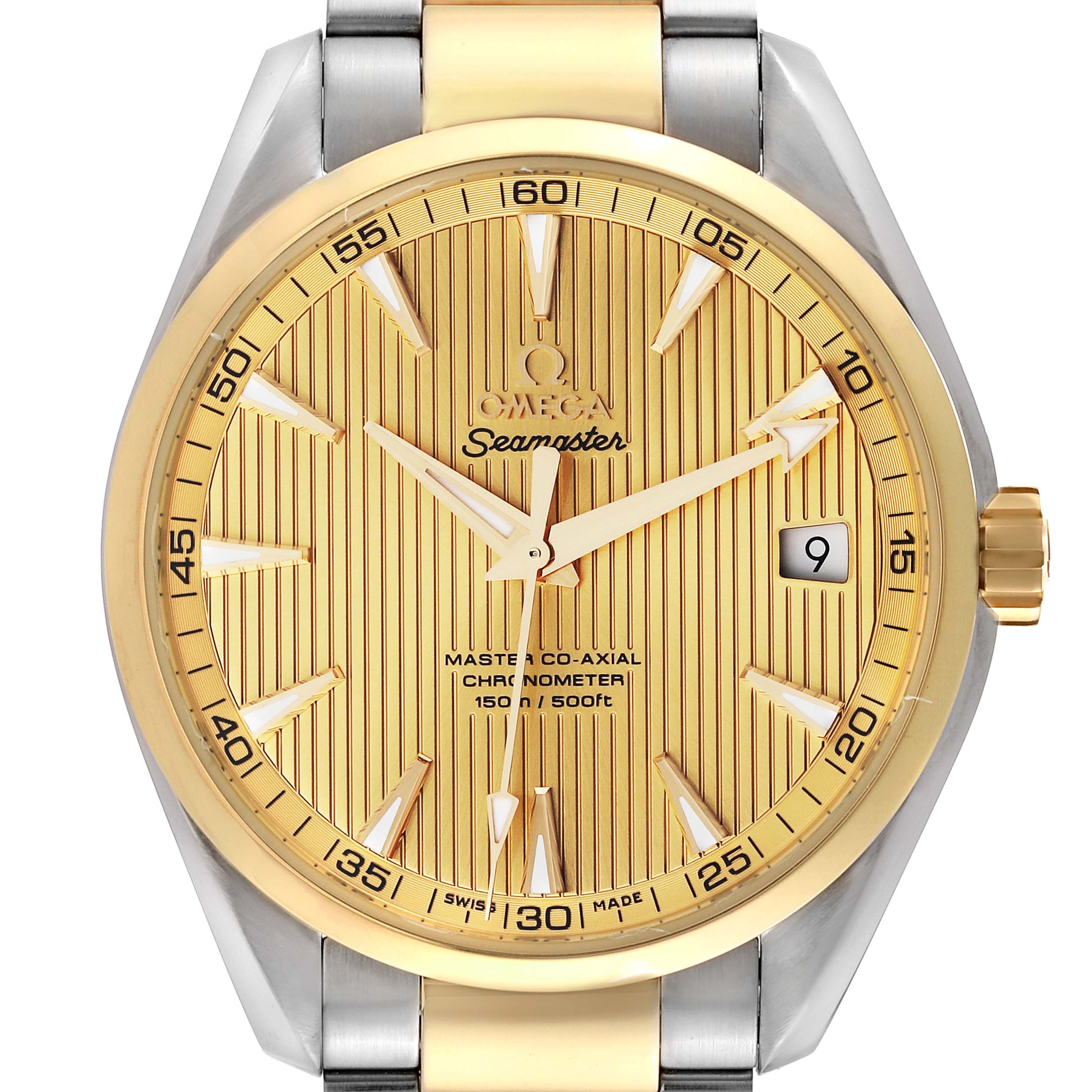 The image shows a front view of the Omega Seamaster Aqua Terra watch, highlighting the dial, hands, bezel, and part of the bracelet.