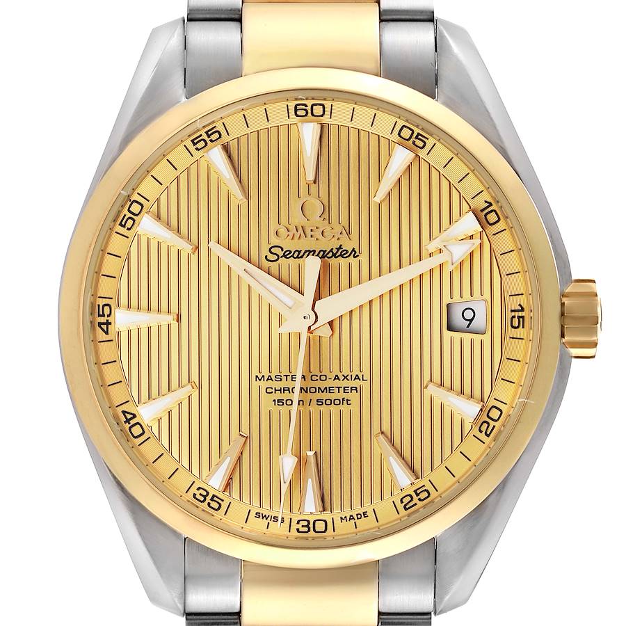 The image shows a front view of the Omega Seamaster Aqua Terra watch, highlighting the dial, hands, bezel, and part of the bracelet.