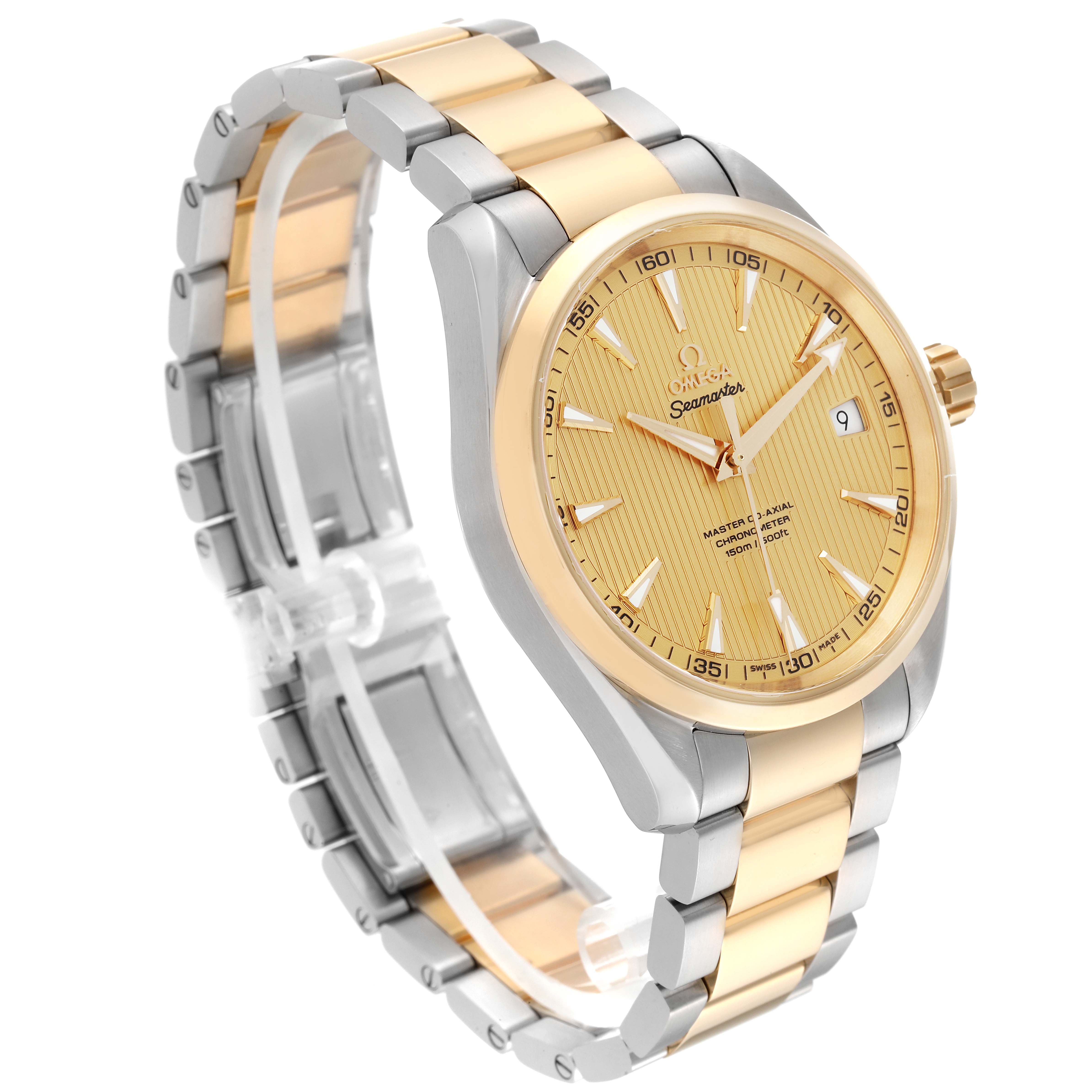 The image shows an Omega Aqua Terra 231.20.42.21.08.001 Men's Steel and Gold (two tone) Champagne Dial 231.20.42.21.08.001 Men's Steel and Gold (two tone) Champagne Dial watch at an angle highlighting the dial, bezel, crown, and bracelet links.