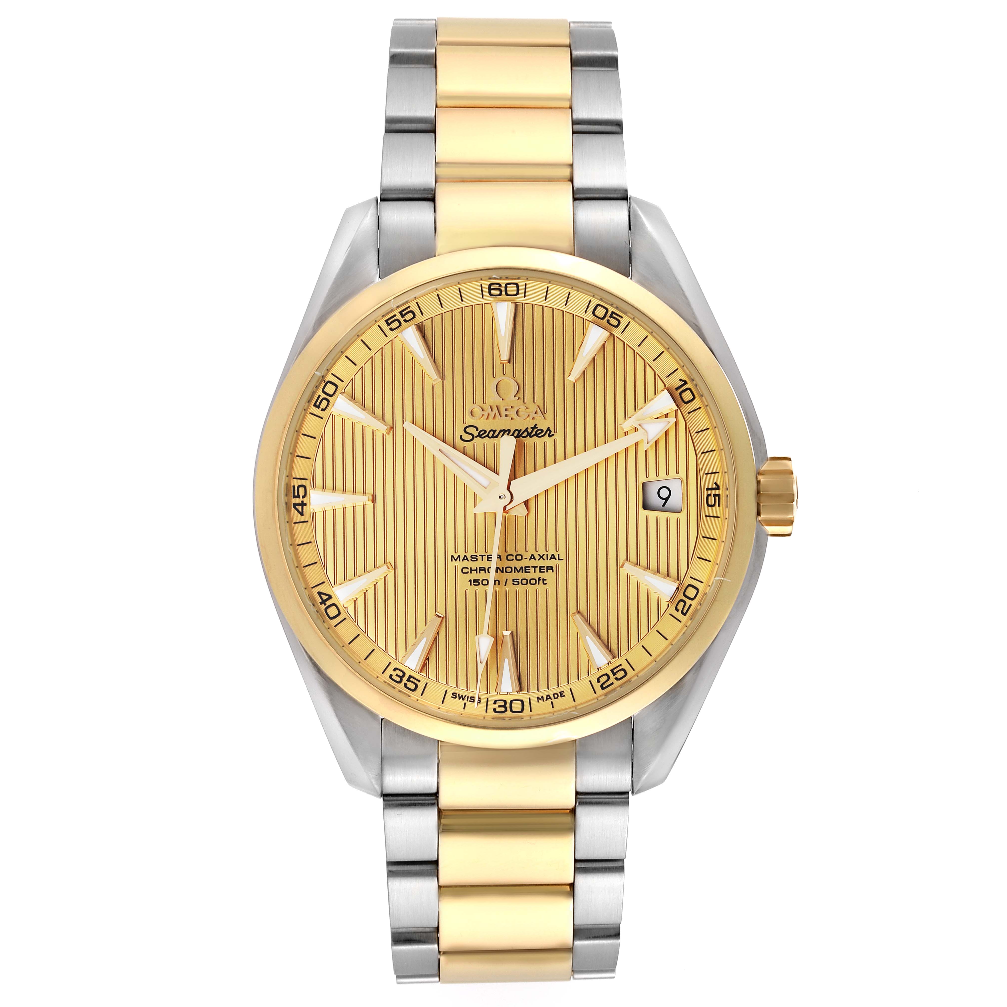 This image shows a front view of an Omega Aqua Terra 231.20.42.21.08.001 Men's Steel and Gold (two tone) Champagne Dial 231.20.42.21.08.001 Men's Steel and Gold (two tone) Champagne Dial watch, highlighting its gold and silver bracelet and gold-tone dial with date display.