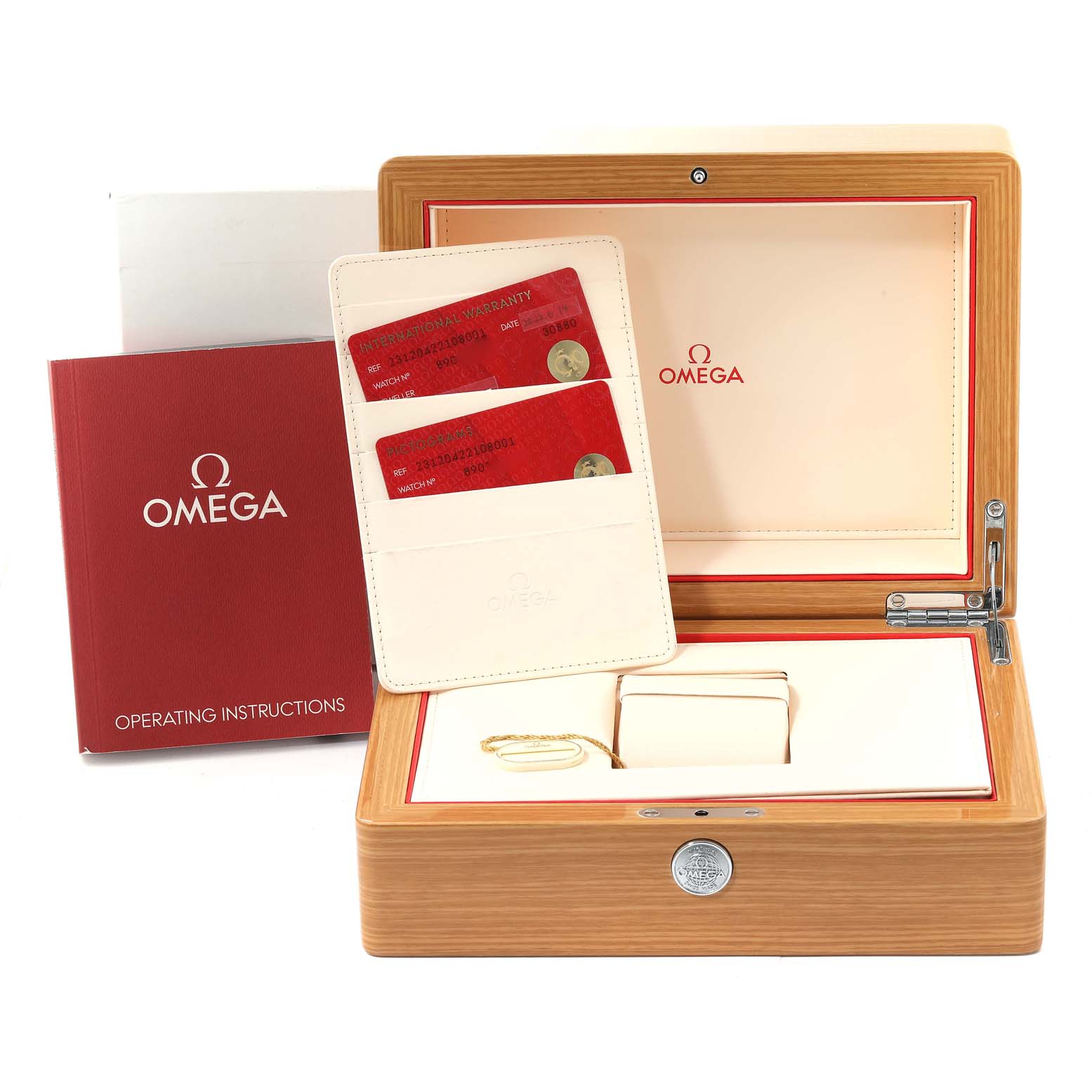 The image shows the packaging and accessories for the Omega Aqua Terra 231.20.42.21.08.001 Men's Steel and Gold (two tone) Champagne Dial 231.20.42.21.08.001 Men's Steel and Gold (two tone) Champagne Dial watch, including a box, warranty cards, and an operating manual.