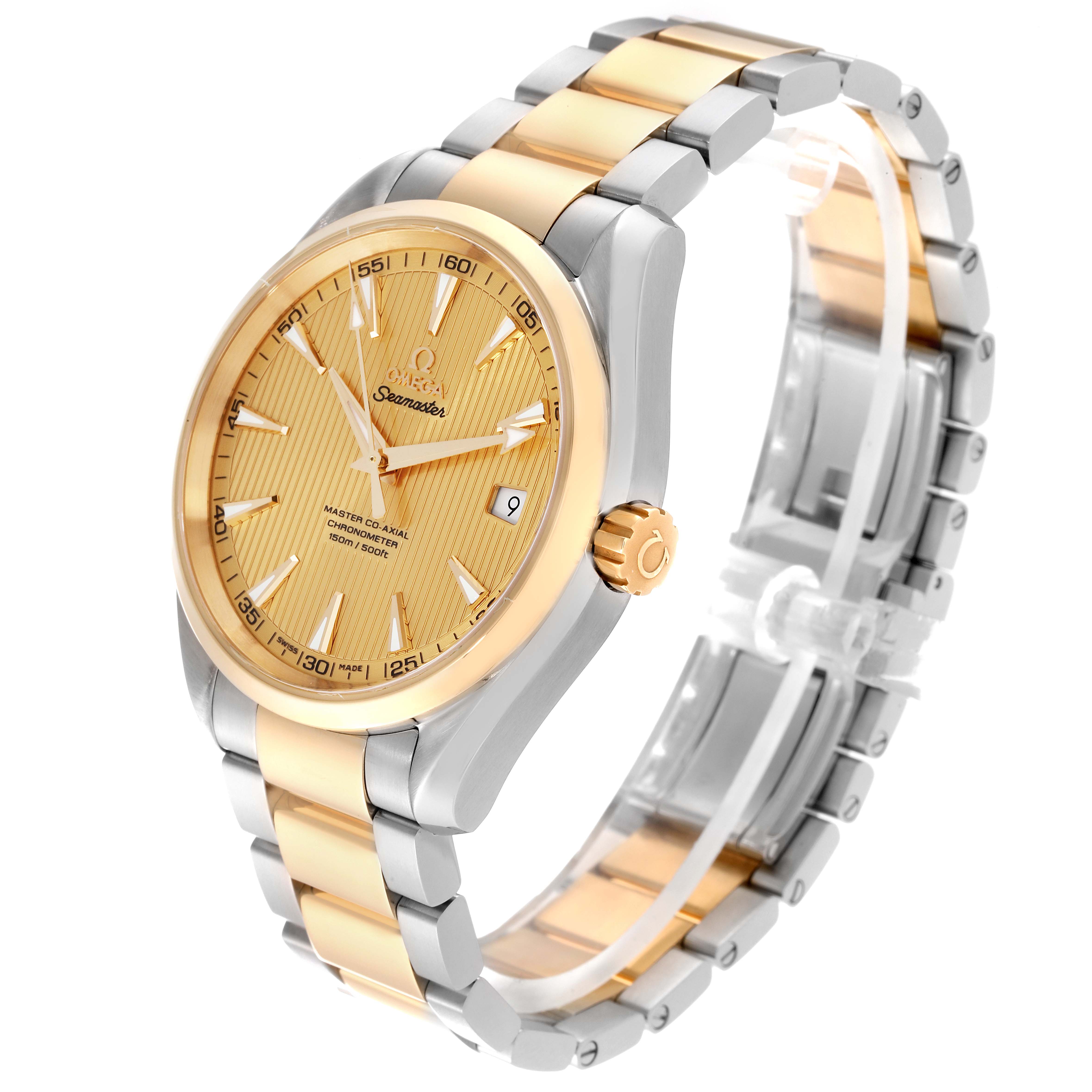 This Omega Aqua Terra 231.20.42.21.08.001 Men's Steel and Gold (two tone) Champagne Dial 231.20.42.21.08.001 Men's Steel and Gold (two tone) Champagne Dial watch is shown at a three-quarter angle highlighting the gold-and-silver band, face, and crown.