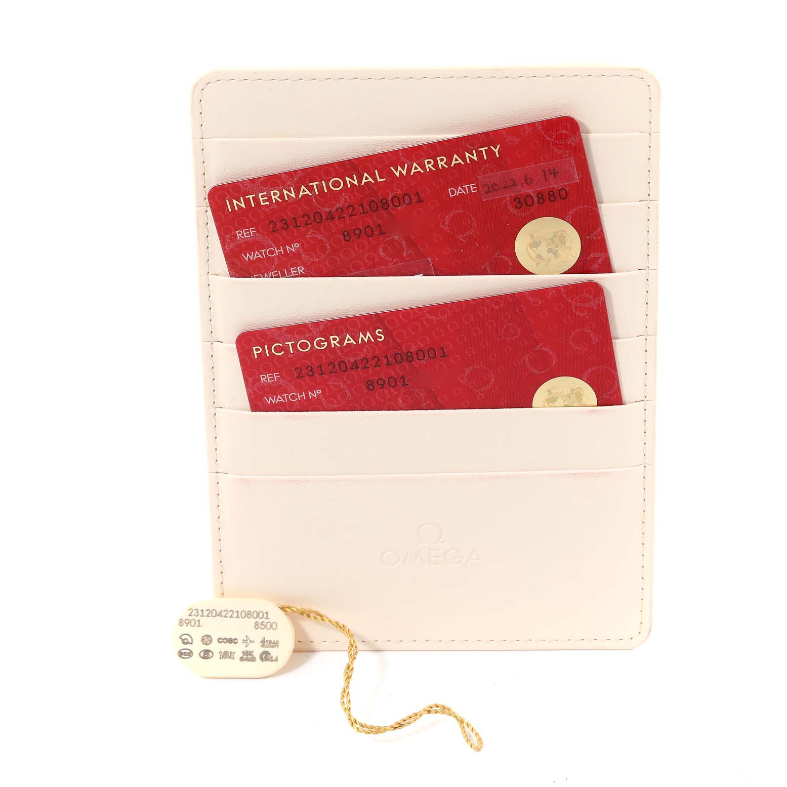 This image shows the international warranty card, pictograms card, and a tag for the Omega Aqua Terra 231.20.42.21.08.001 Men's Steel and Gold (two tone) Champagne Dial 231.20.42.21.08.001 Men's Steel and Gold (two tone) Champagne Dial watch model.