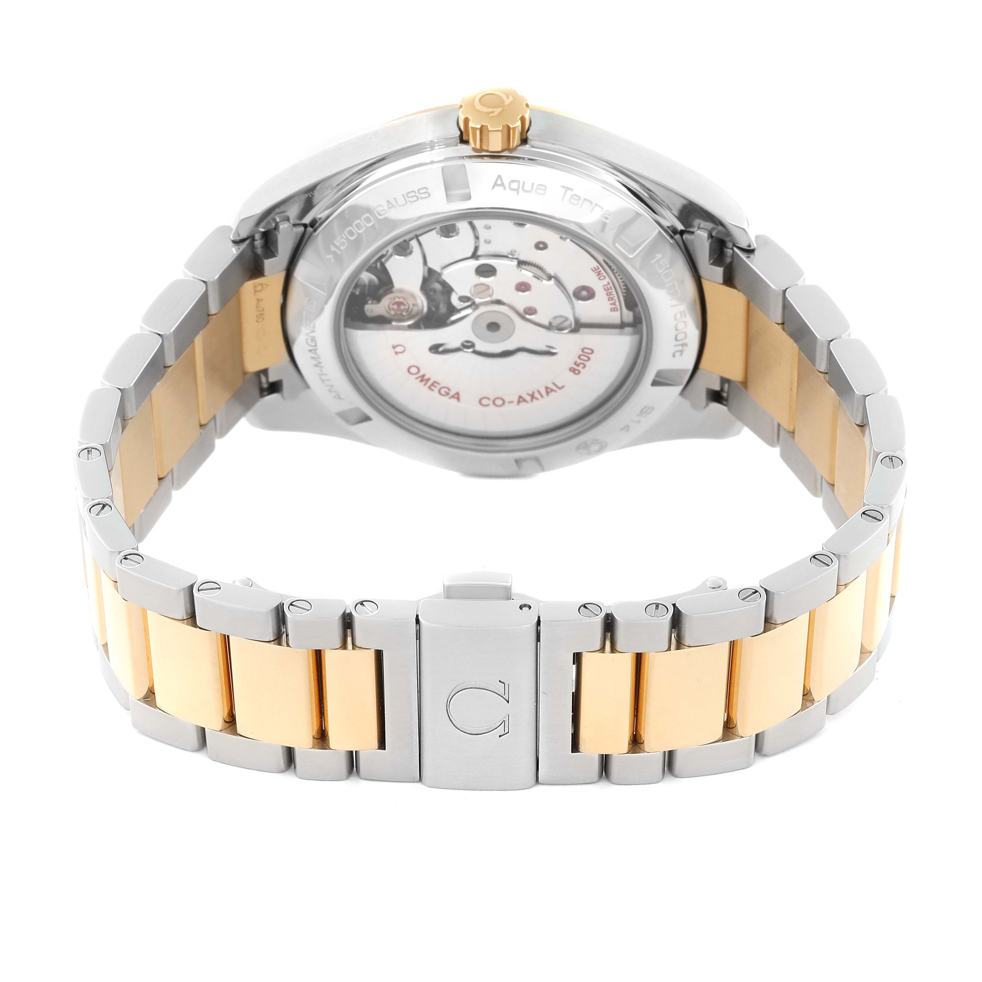 The image shows the back view of an Omega Aqua Terra 231.20.42.21.08.001 Men's Steel and Gold (two tone) Champagne Dial 231.20.42.21.08.001 Men's Steel and Gold (two tone) Champagne Dial watch, highlighting the movement and bracelet.