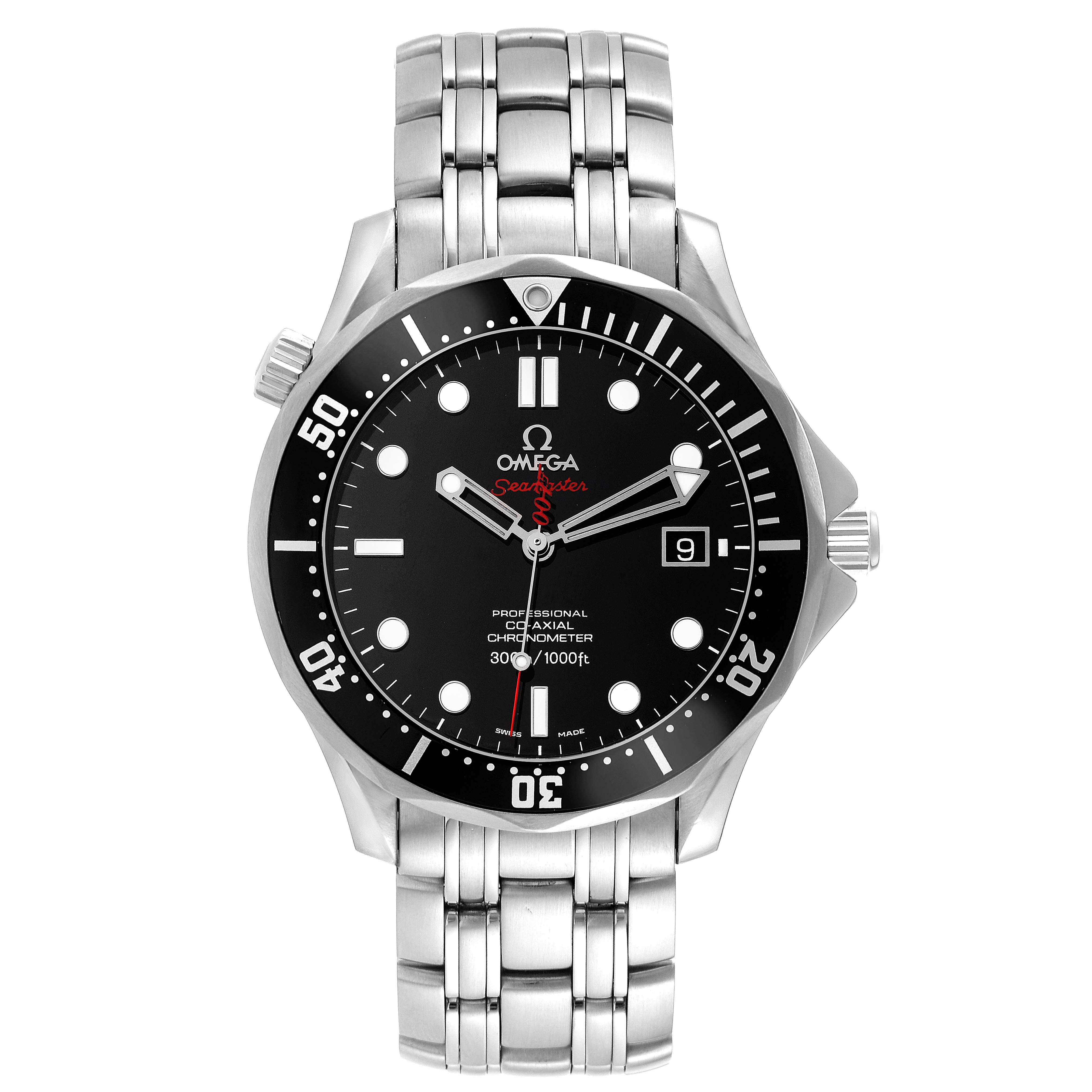 The Omega Seamaster 212.30.41.20.01.001 Men's Stainless Steel Black Dial 212.30.41.20.01.001 Men's Stainless Steel Black Dial watch is shown from a front angle, displaying its face, bezel, and stainless steel bracelet.