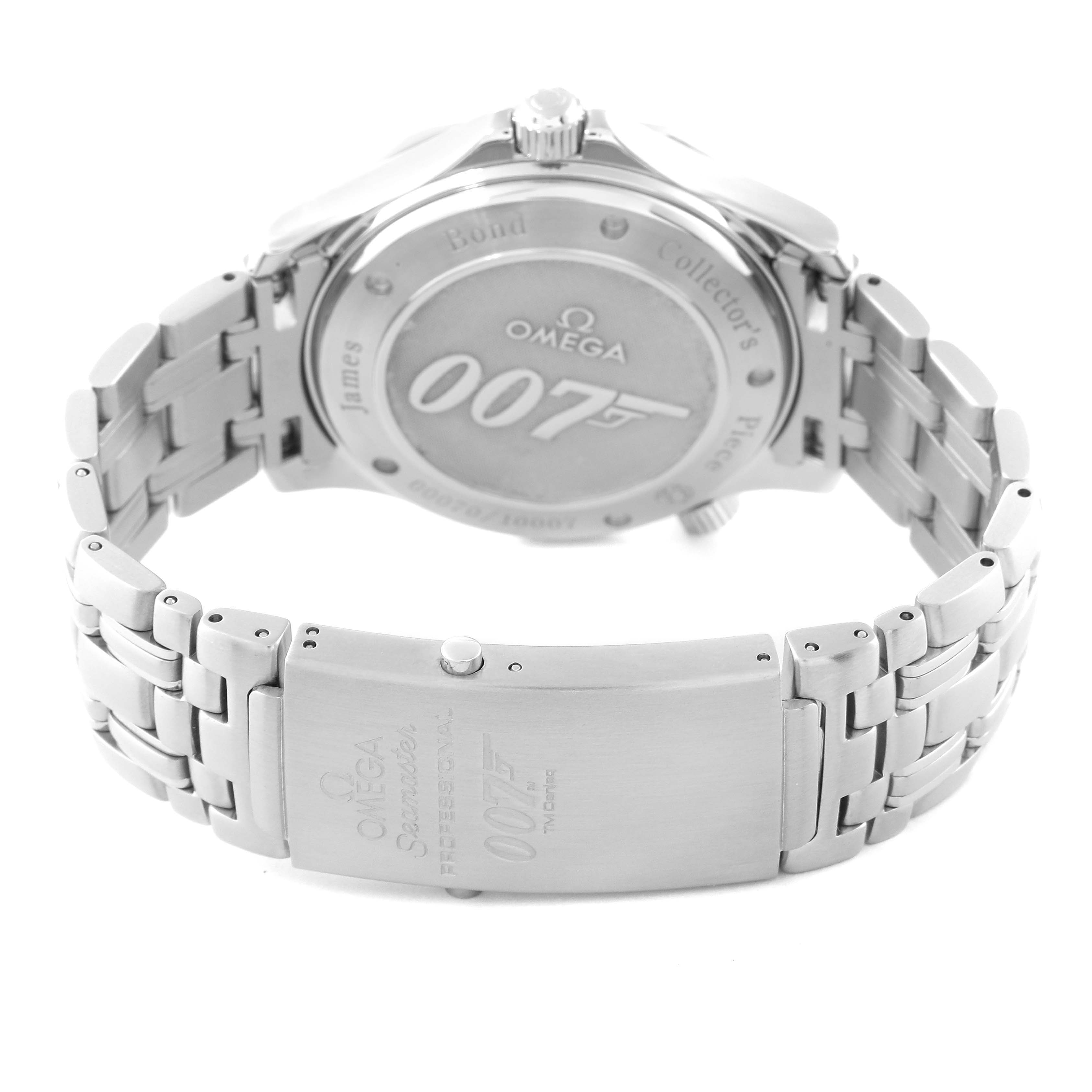 This image shows the back and clasp of the Omega Seamaster 212.30.41.20.01.001 Men's Stainless Steel Black Dial 212.30.41.20.01.001 Men's Stainless Steel Black Dial watch, featuring a 007 engraving.