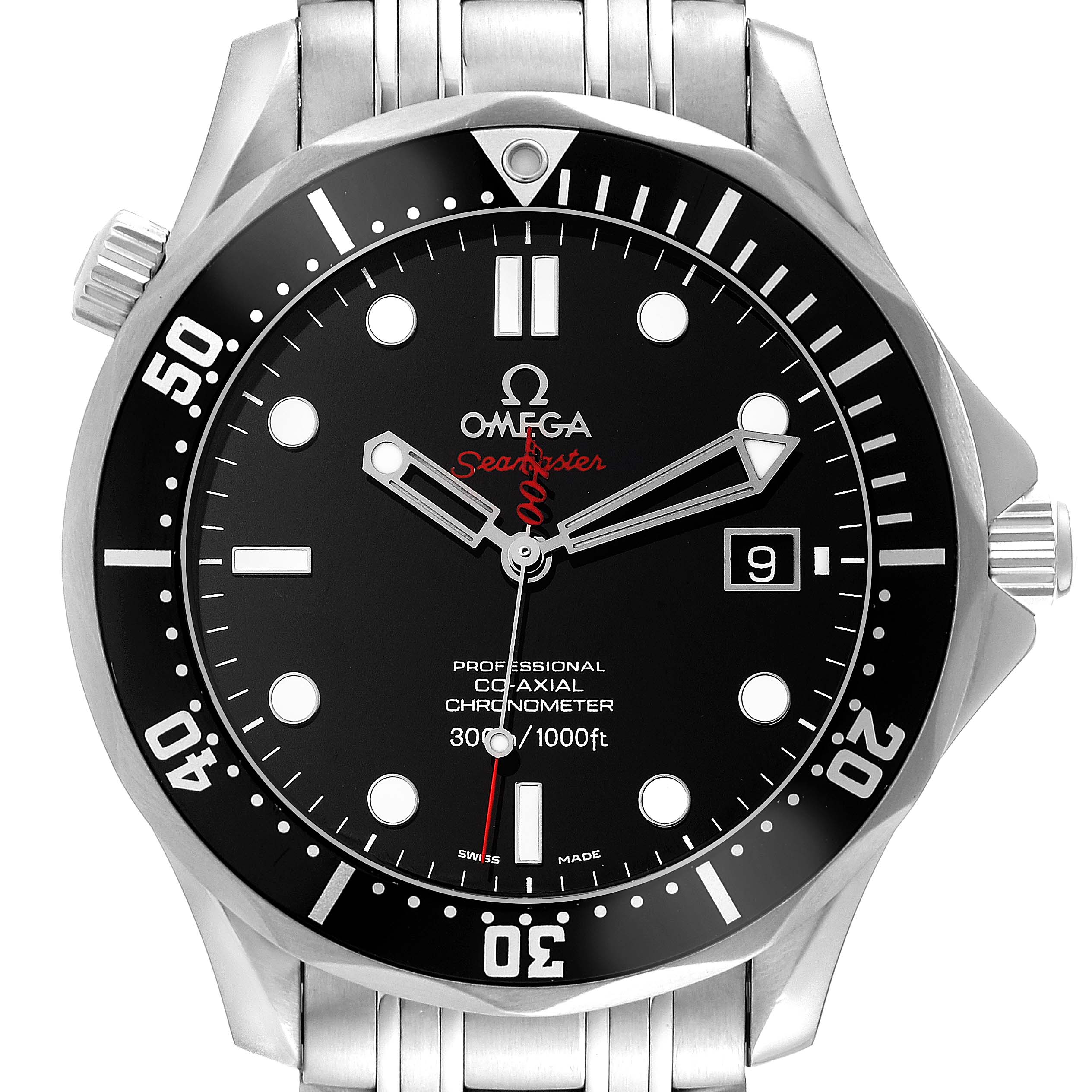 The image shows an Omega Seamaster 212.30.41.20.01.001 Men's Stainless Steel Black Dial 212.30.41.20.01.001 Men's Stainless Steel Black Dial watch face from a front angle, highlighting the dial, bezel, and part of the bracelet.